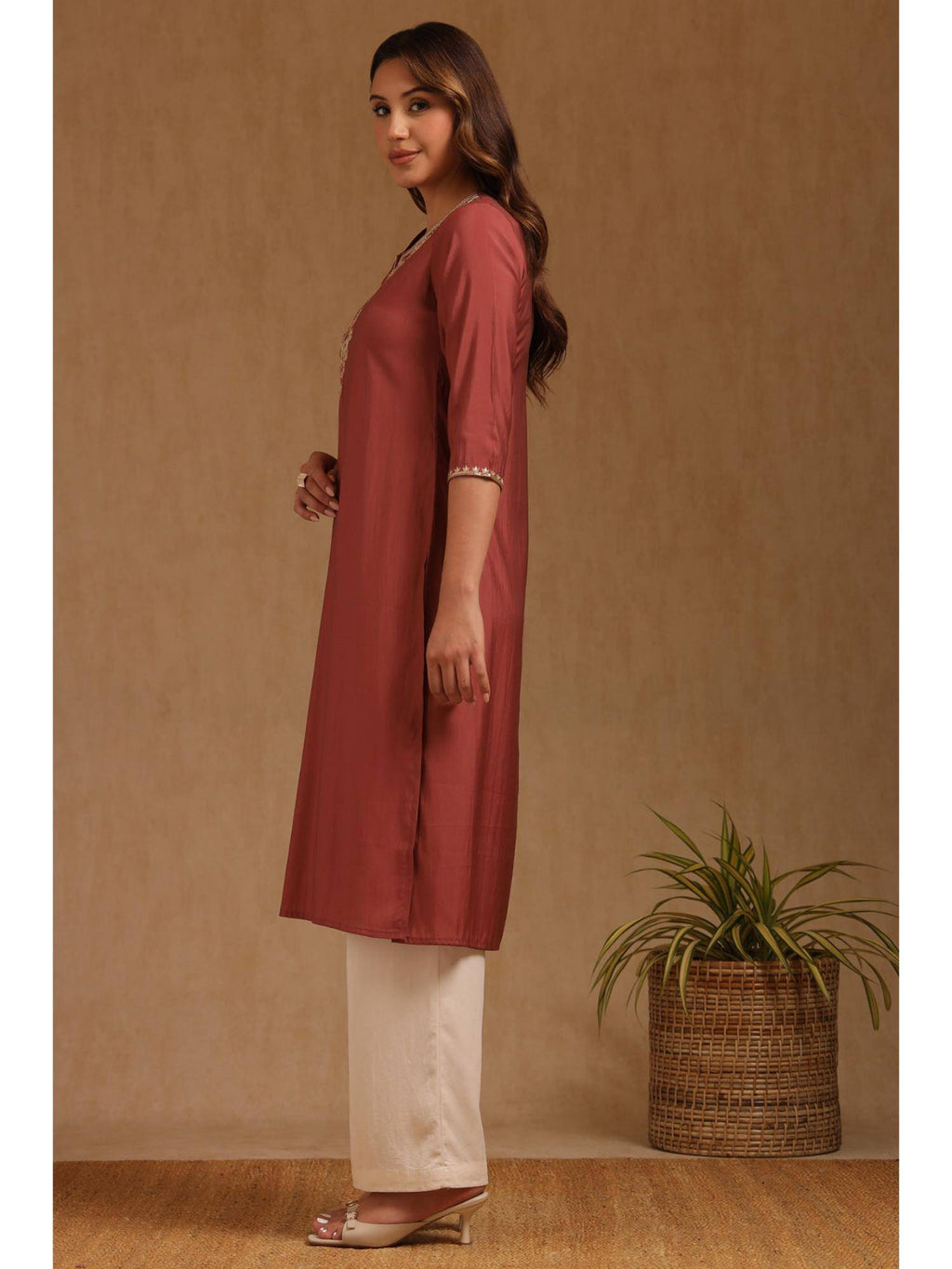 Womens Rust Roman Silk Embroidered Sequins Kurta | KDG - view 2