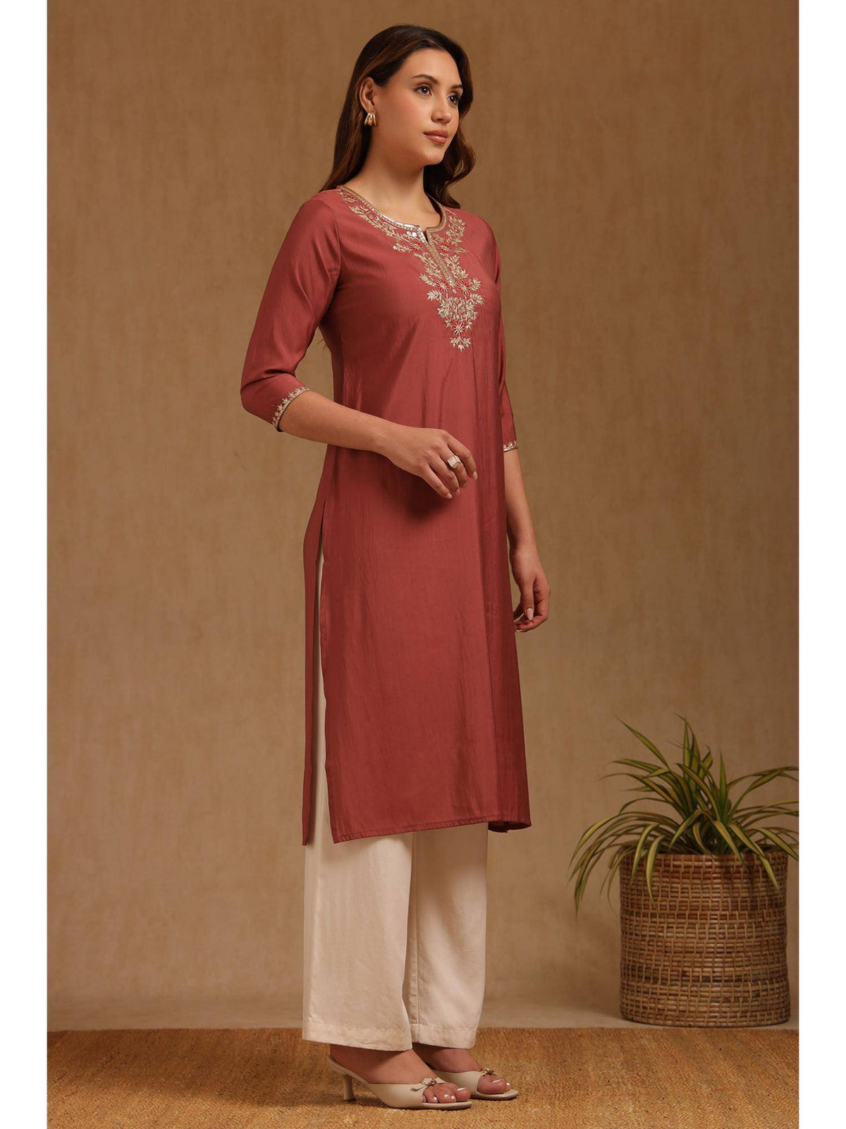 Womens Rust Roman Silk Embroidered Sequins Kurta | U3S - view 3