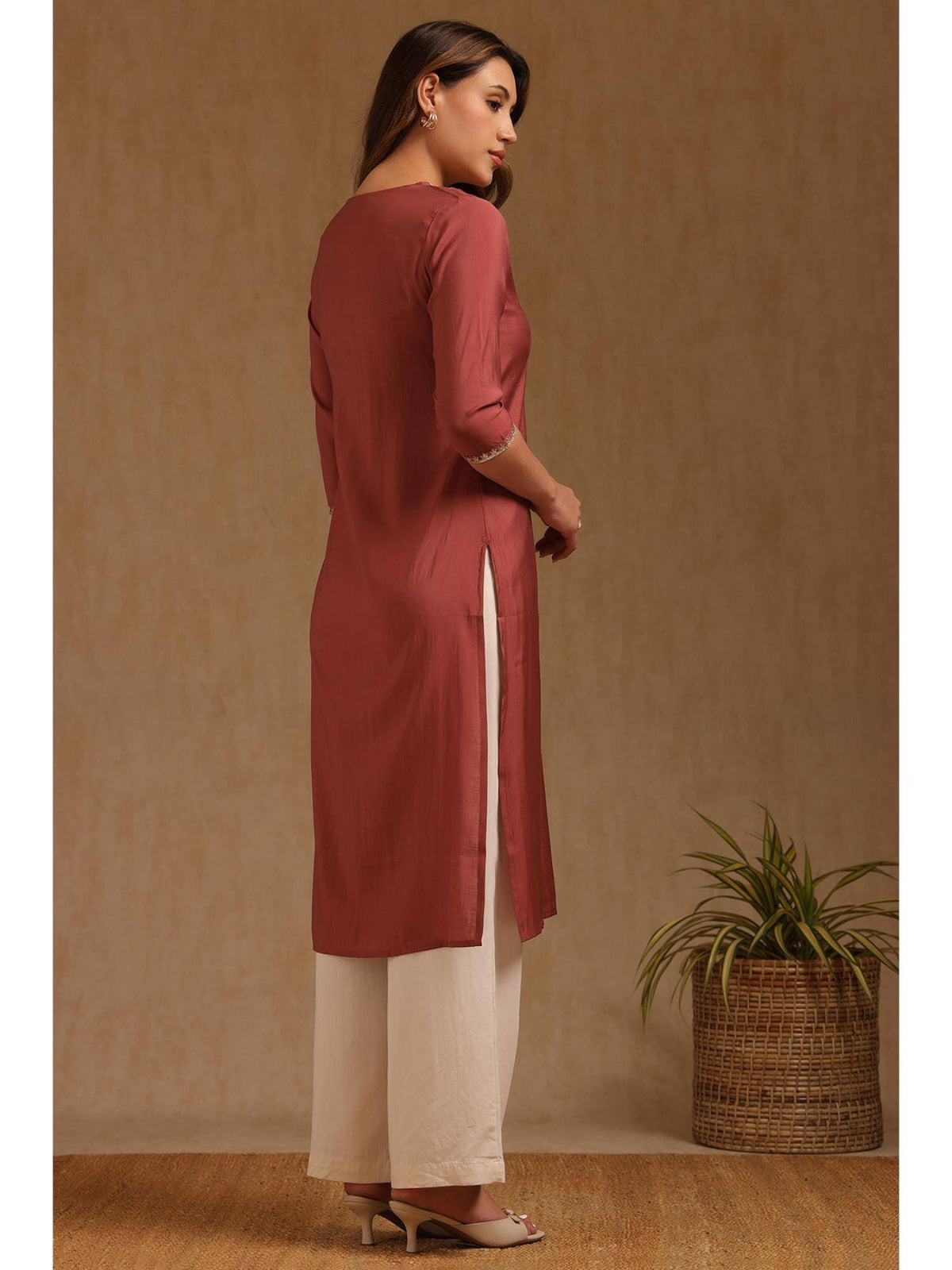 Womens Rust Roman Silk Embroidered Sequins Kurta | FY93 - view 4