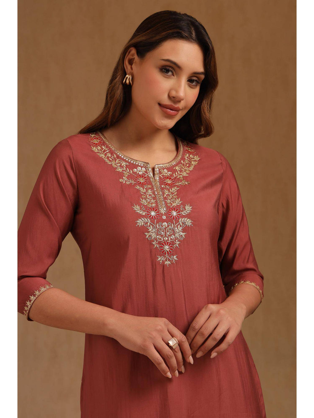 Womens Rust Roman Silk Embroidered Sequins Kurta | KDG - view 5