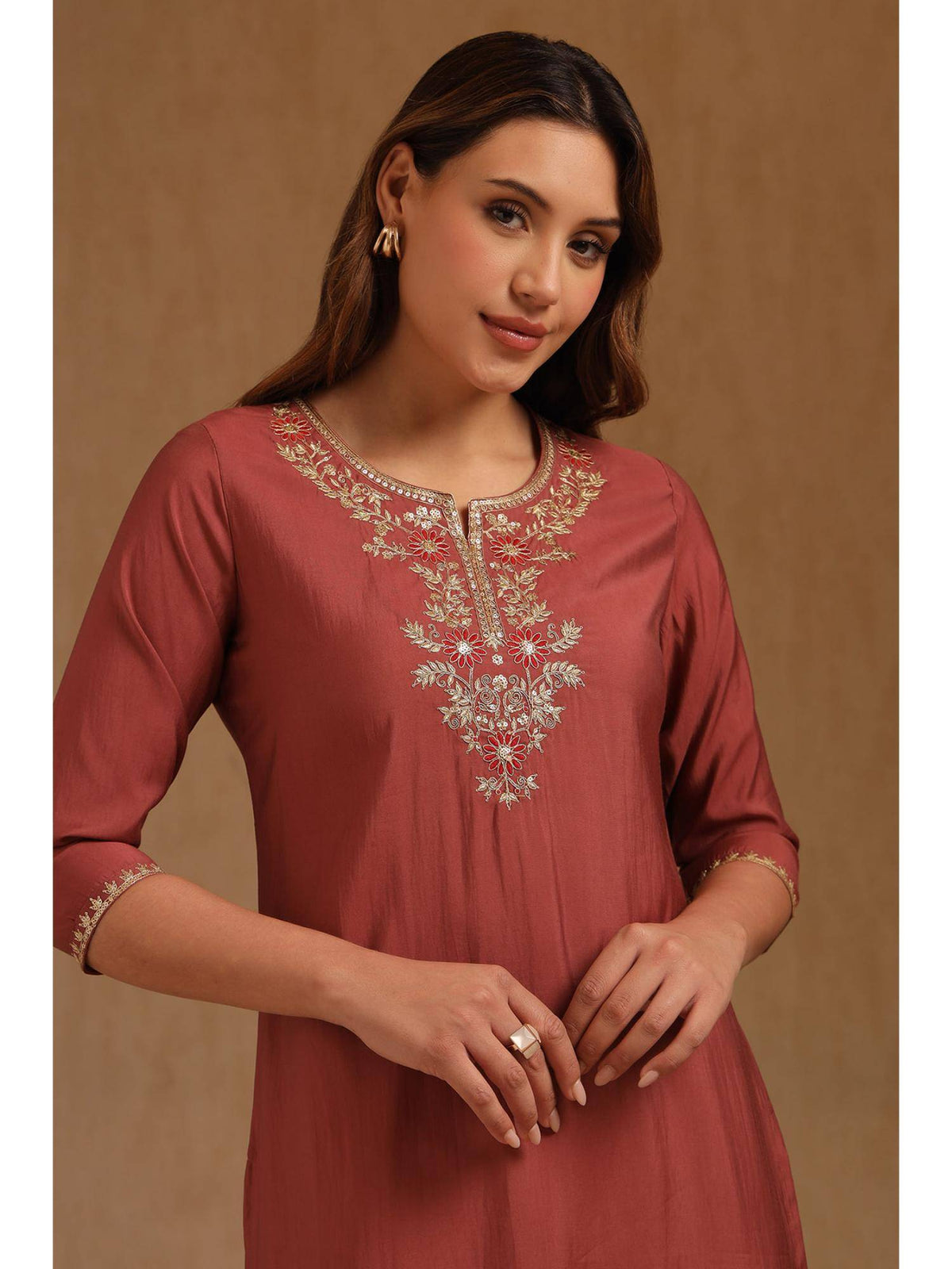 Womens Rust Roman Silk Embroidered Sequins Kurta | FY93 - view 5