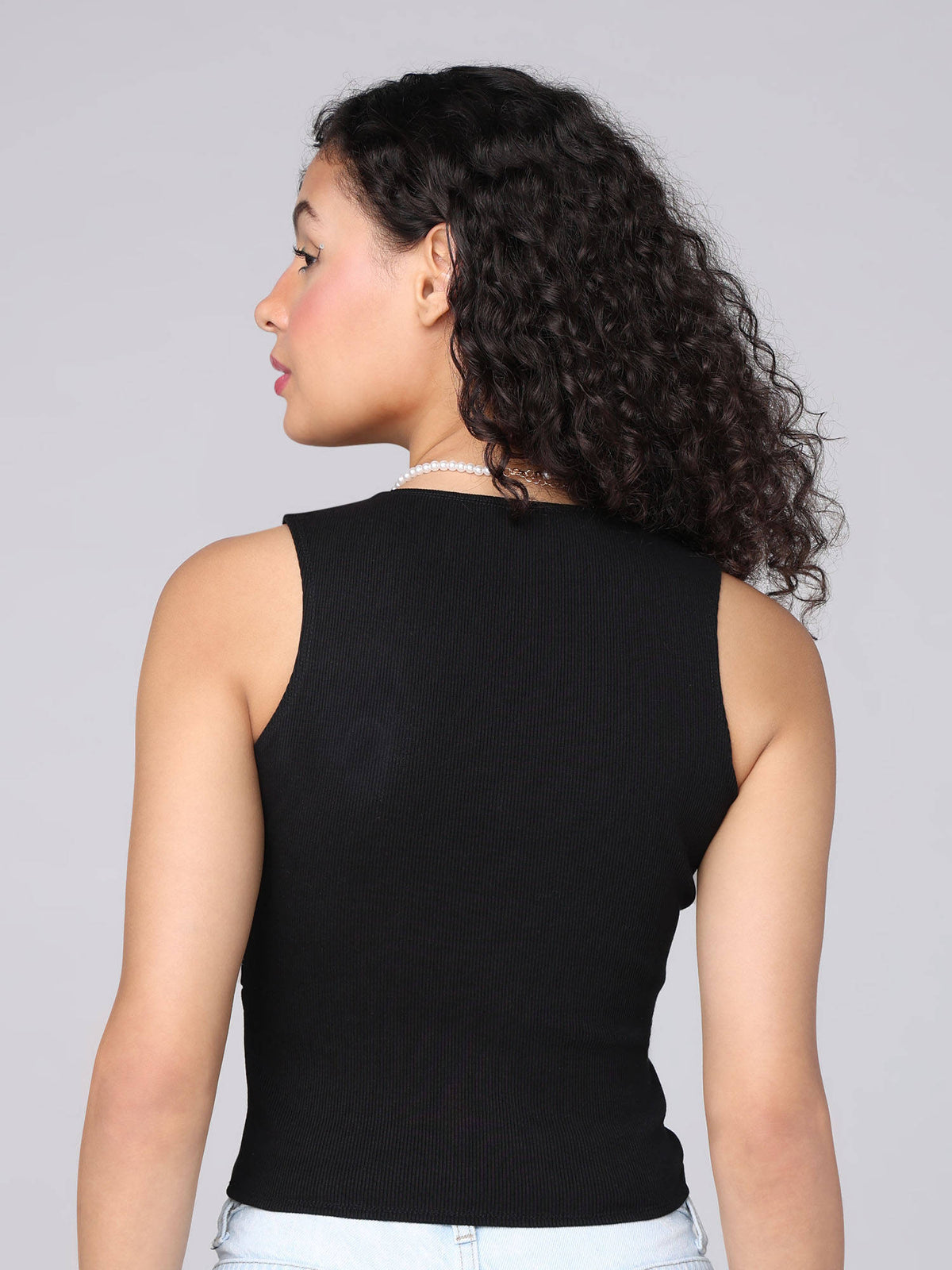 Black Round Neck Solid Cut Out Ribbed Tank Top | TT98 - view 2