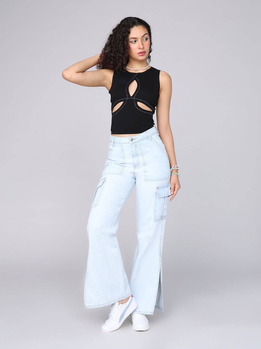 Black Round Neck Solid Cut Out Ribbed Tank Top | TT98 - view 4