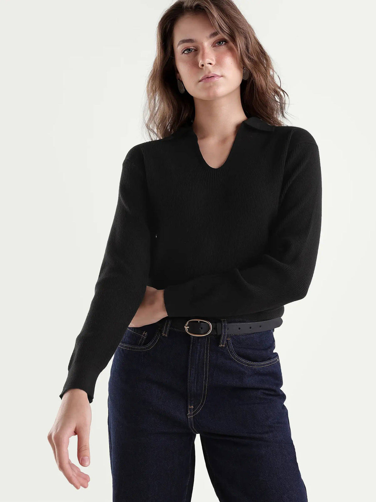 Women Black Solid/Plain Viscose Blend Polo T-Shirt | PW43 - view 1