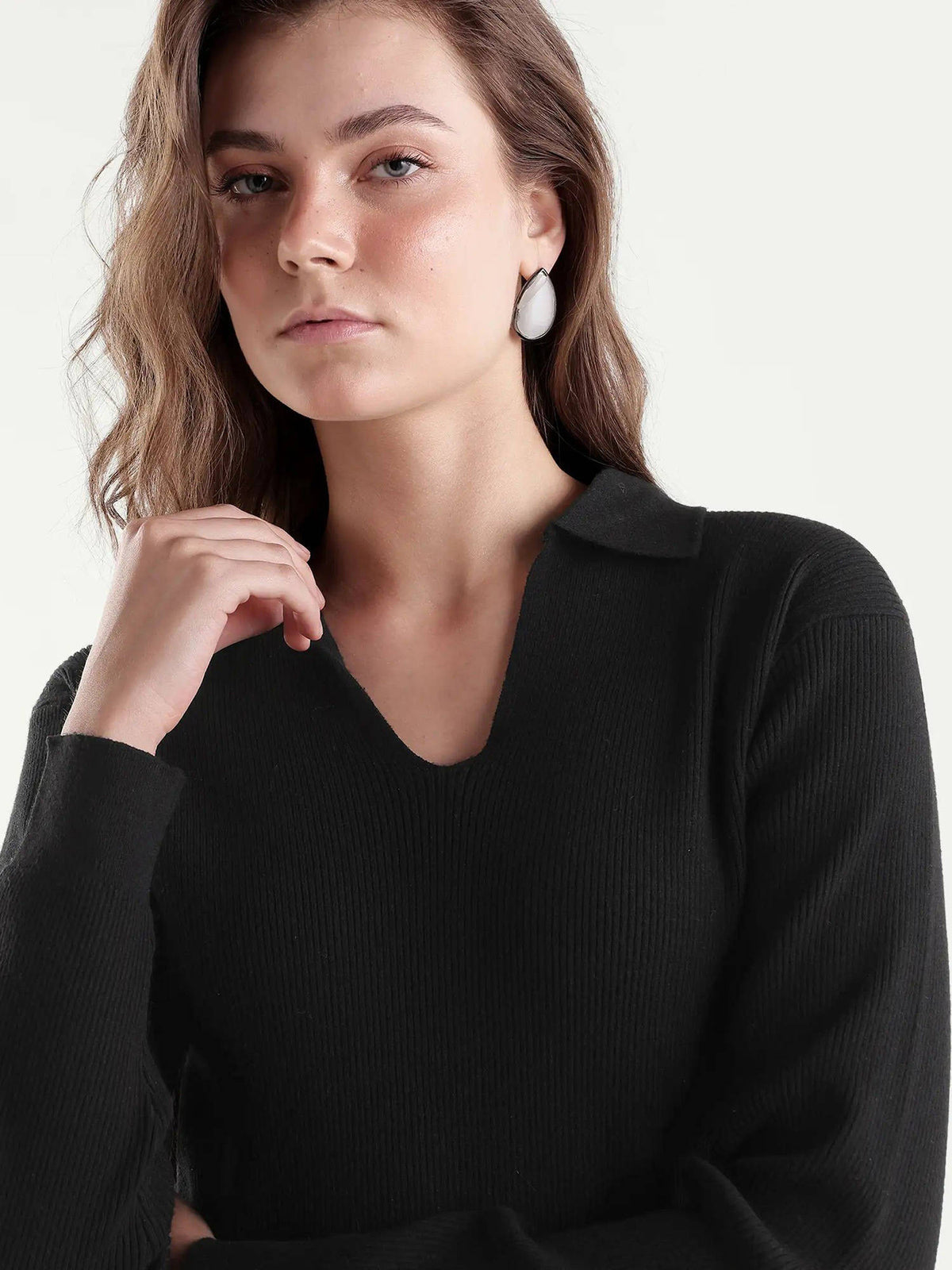 Women Black Solid/Plain Viscose Blend Polo T-Shirt | PW43 - view 3