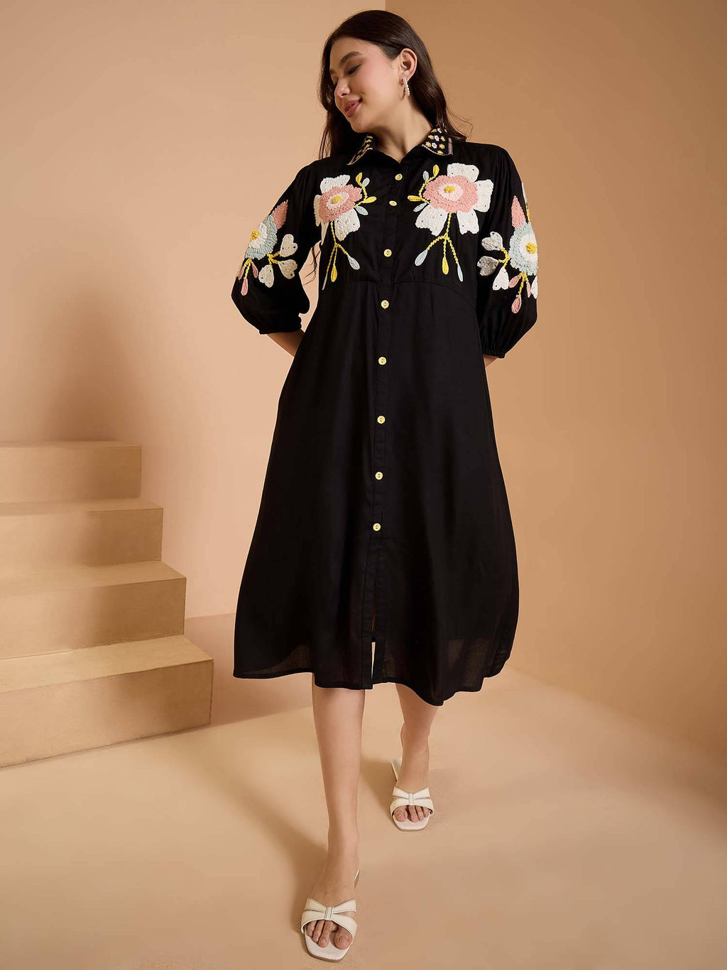 Black Embroidered Midi Dress | D56 - view 1