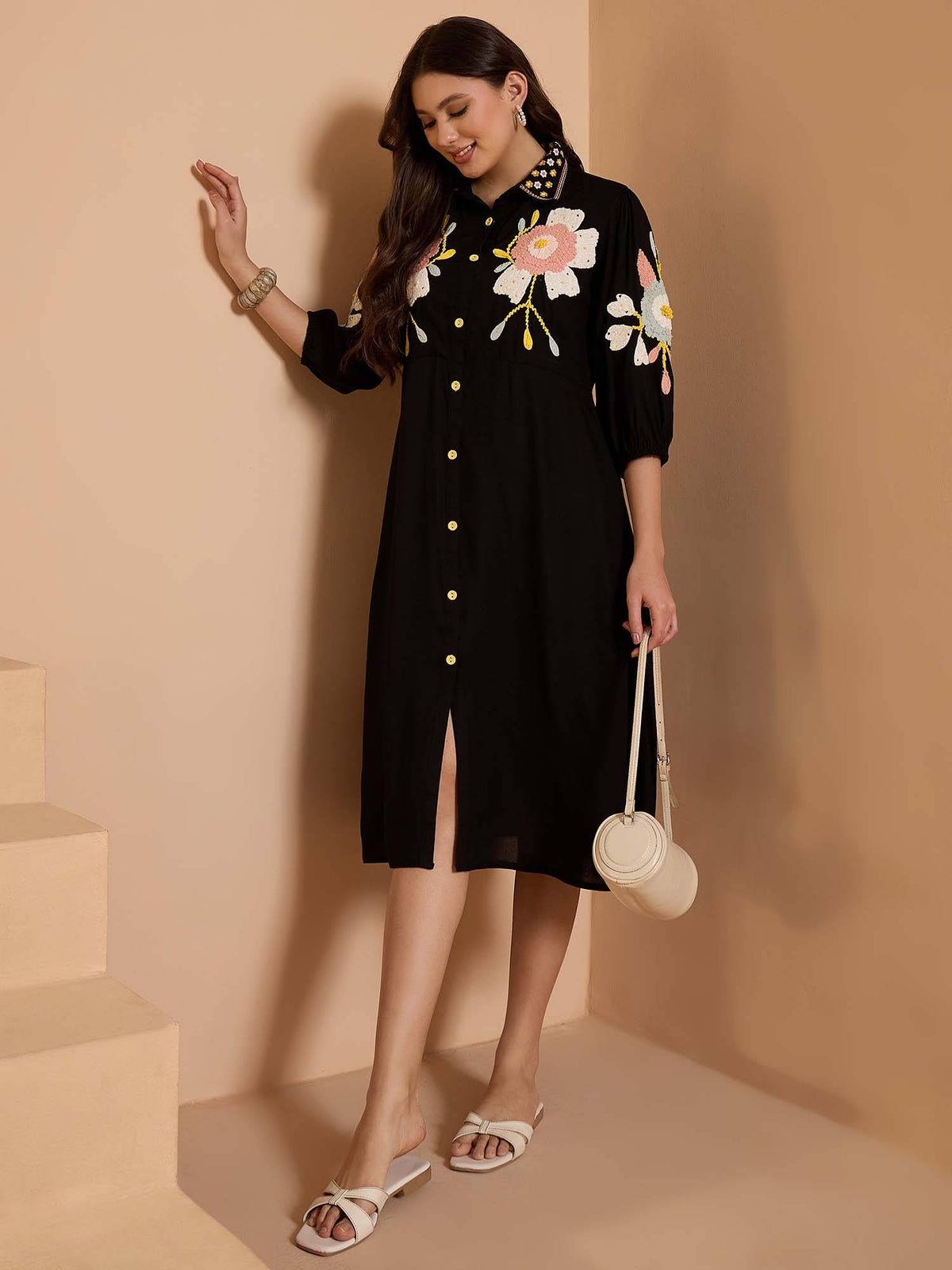 Black Embroidered Midi Dress | D56 - view 4