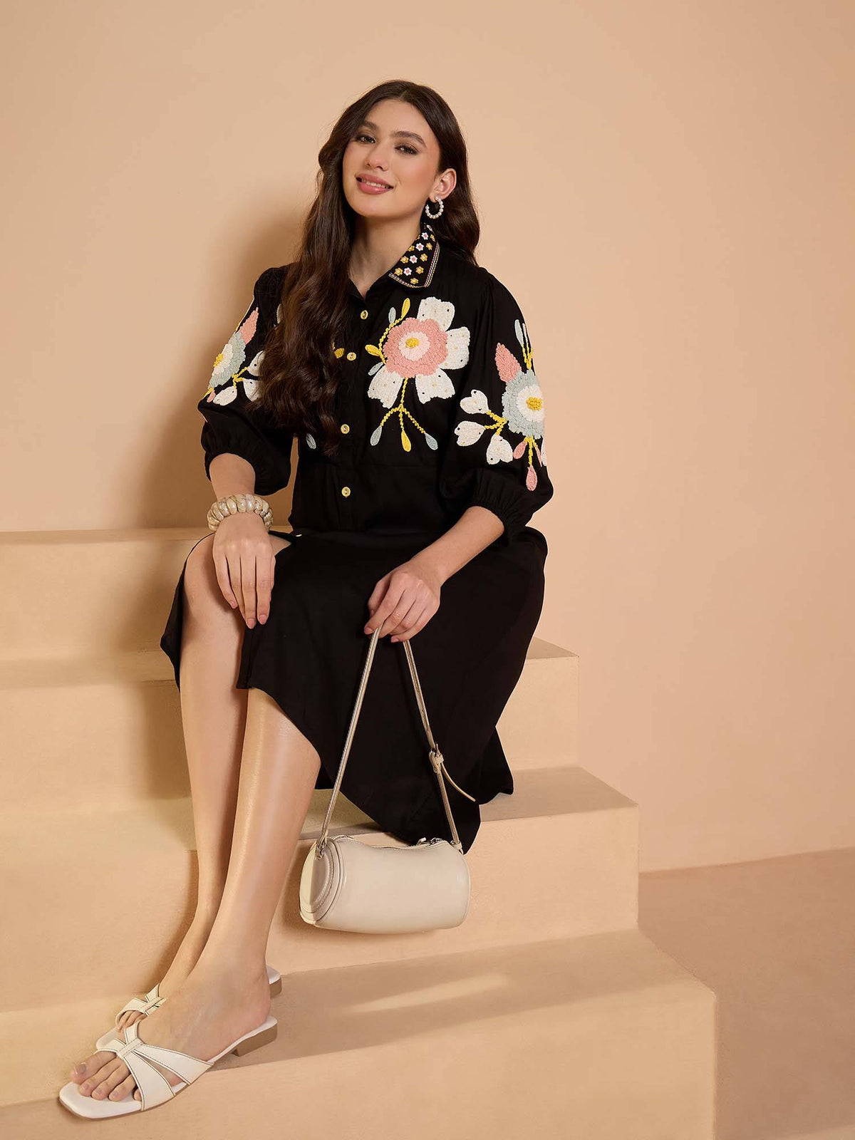 Black Embroidered Midi Dress | D56 - view 5