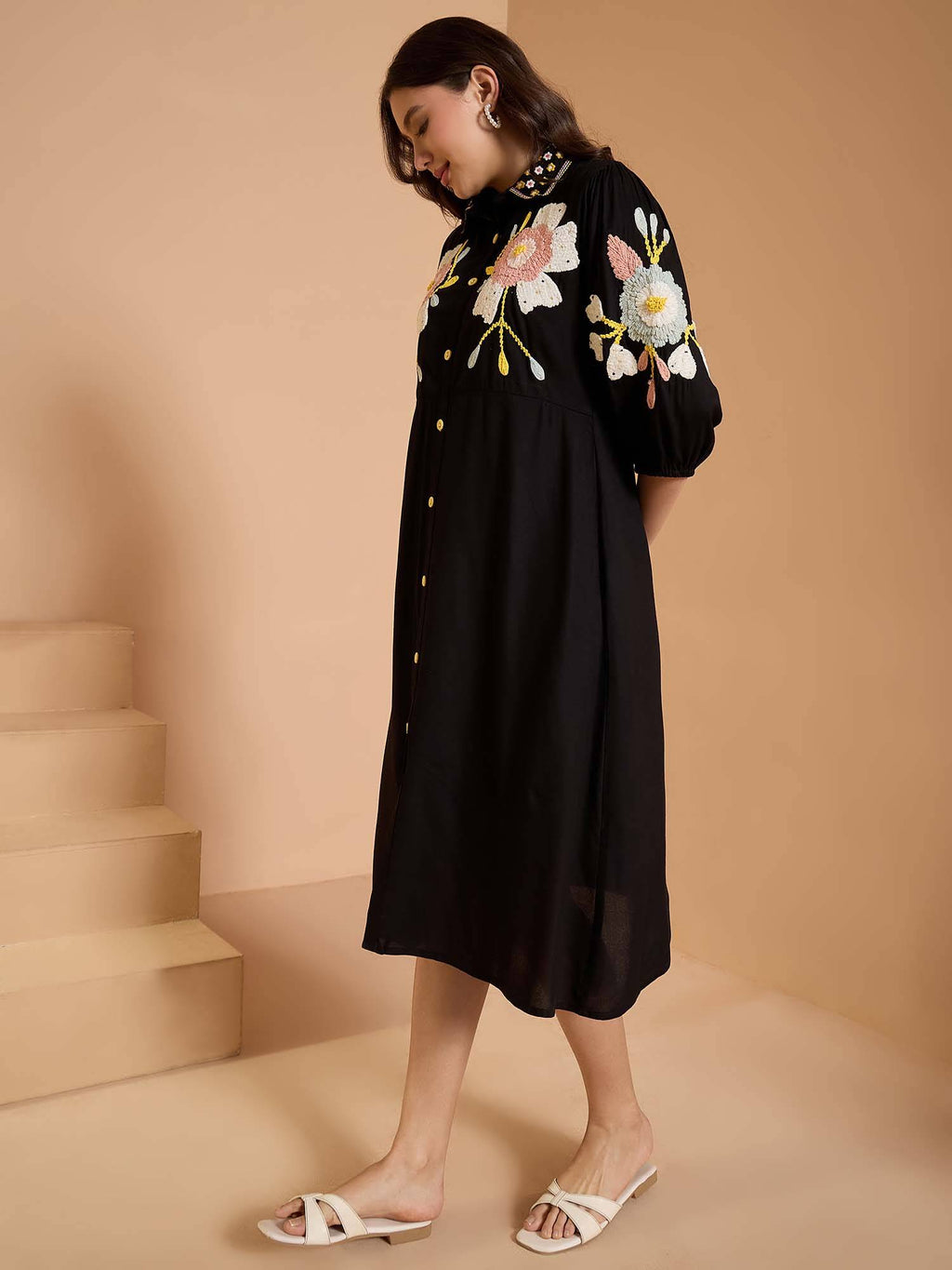 Black Embroidered Midi Dress | D56 - view 6