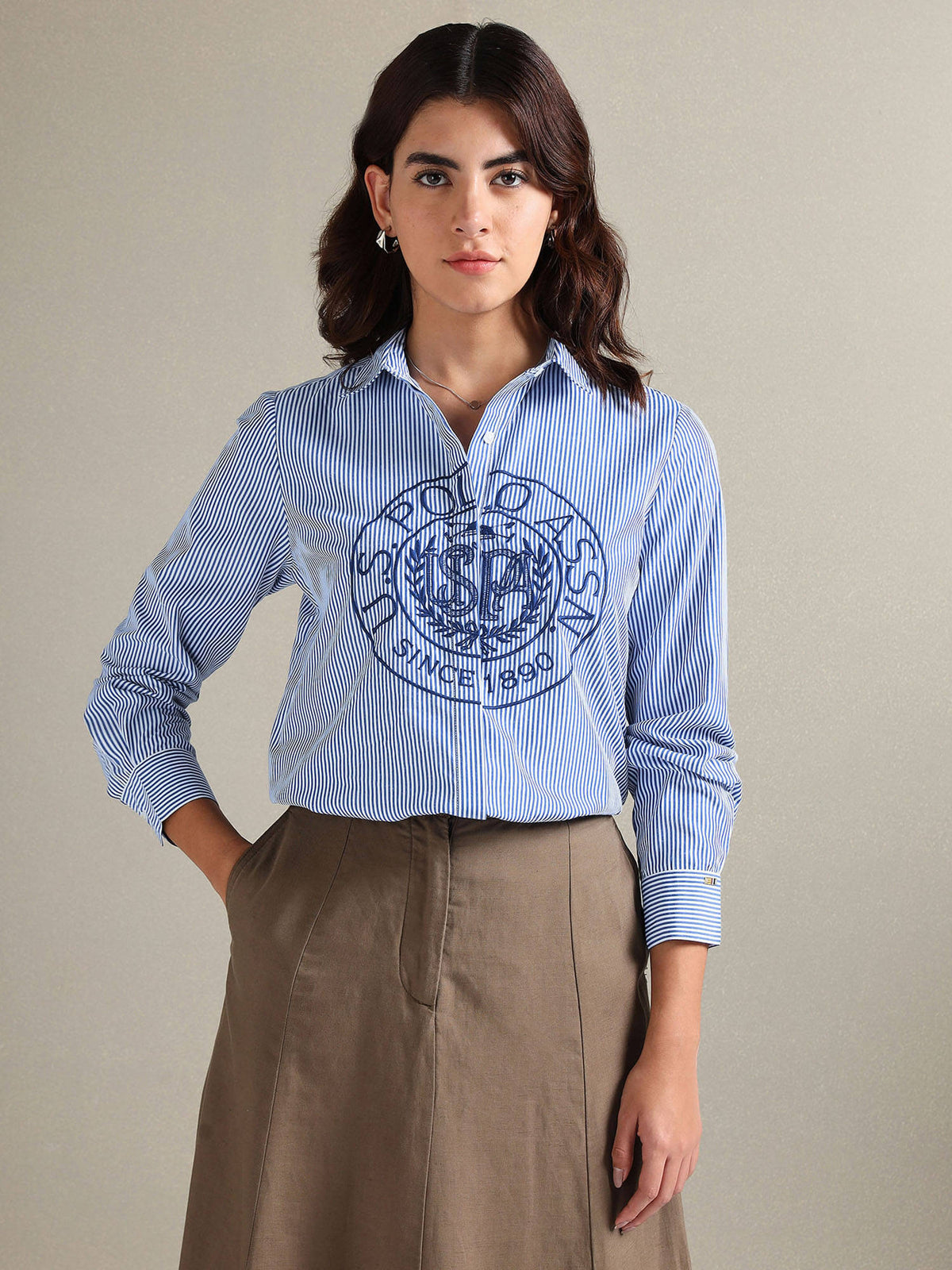 Vertical Stripe Embroidered Shirt Blue | S67 - view 6