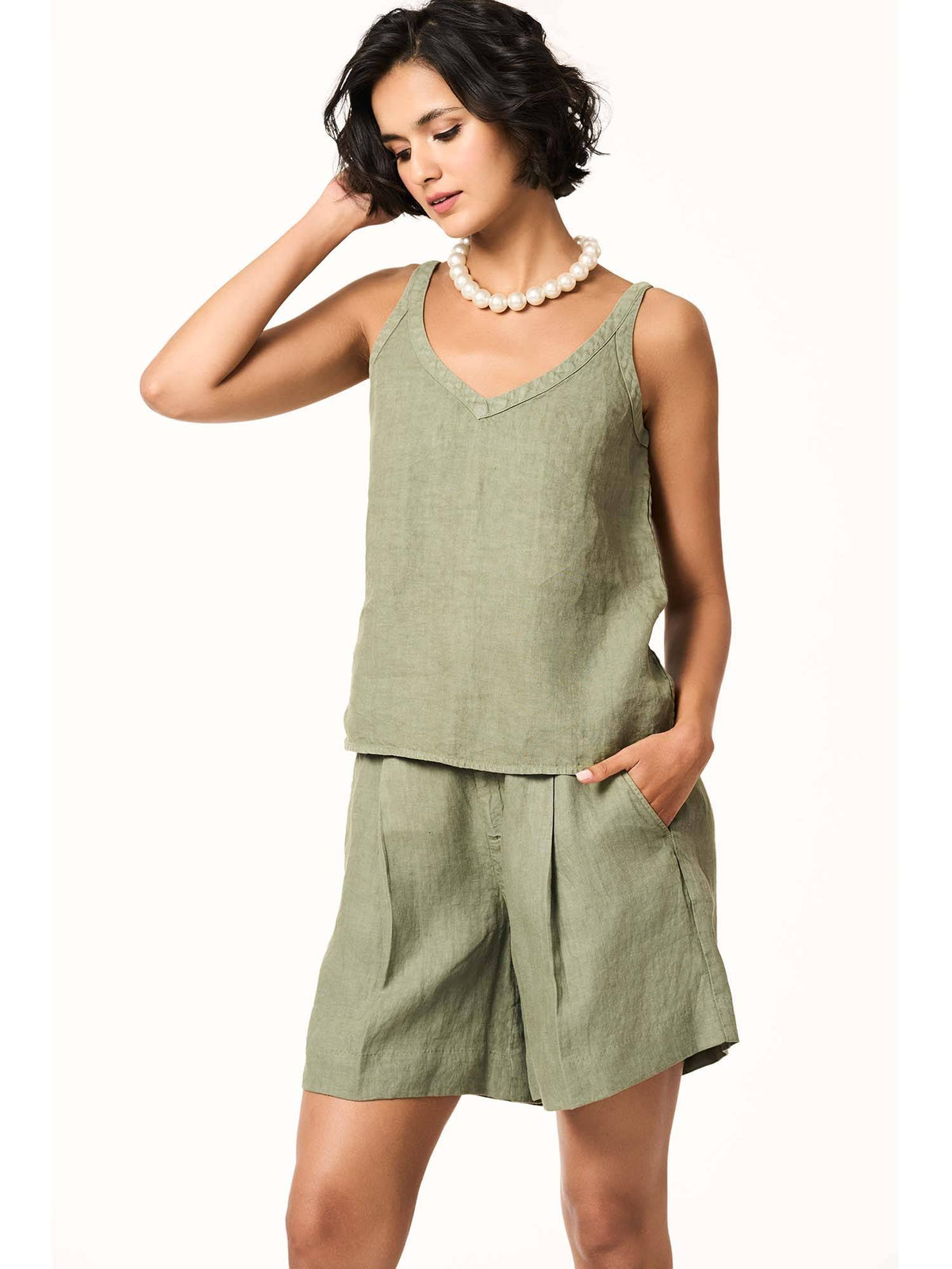Leah Linen Olive Tank Top | TT98 - view 2