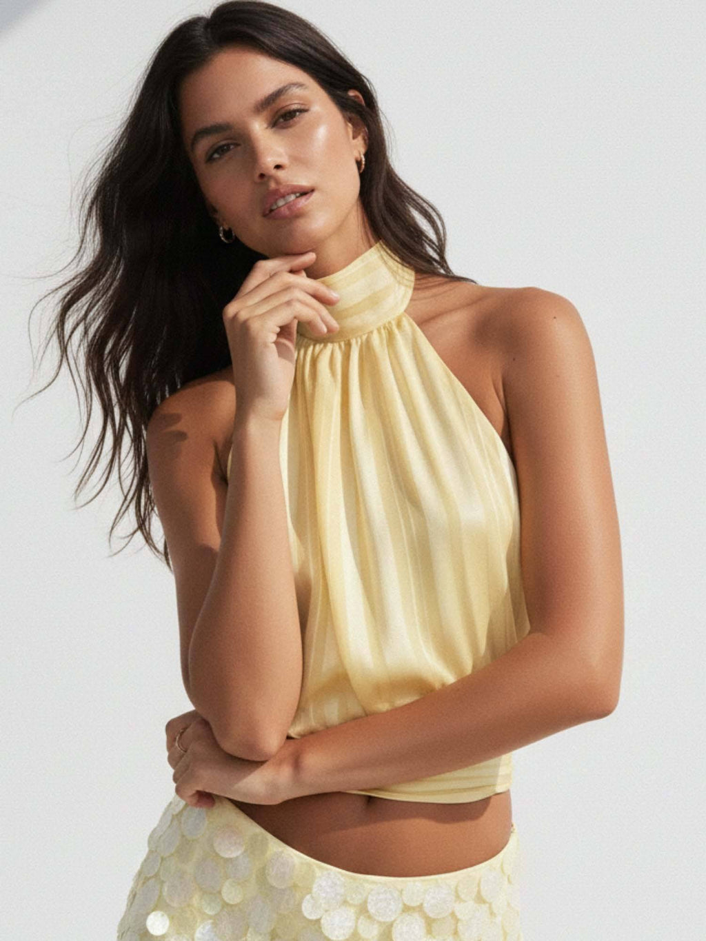 Yellow Halter Neck Waist Fitted Top | HT67 - view 3
