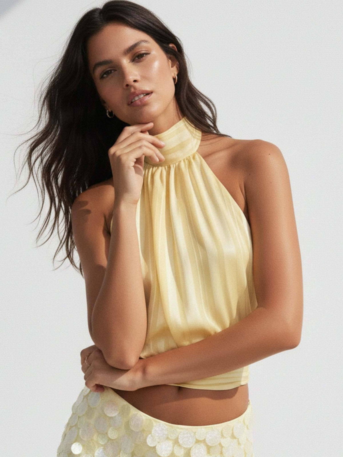 Yellow Halter Neck Waist Fitted Top | HT67 - view 3