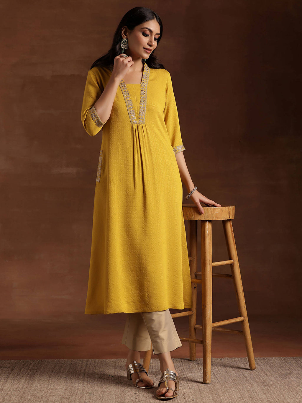 Yellow Floral Embroidered Yoke A-Line Kurta | FY93 - view 1