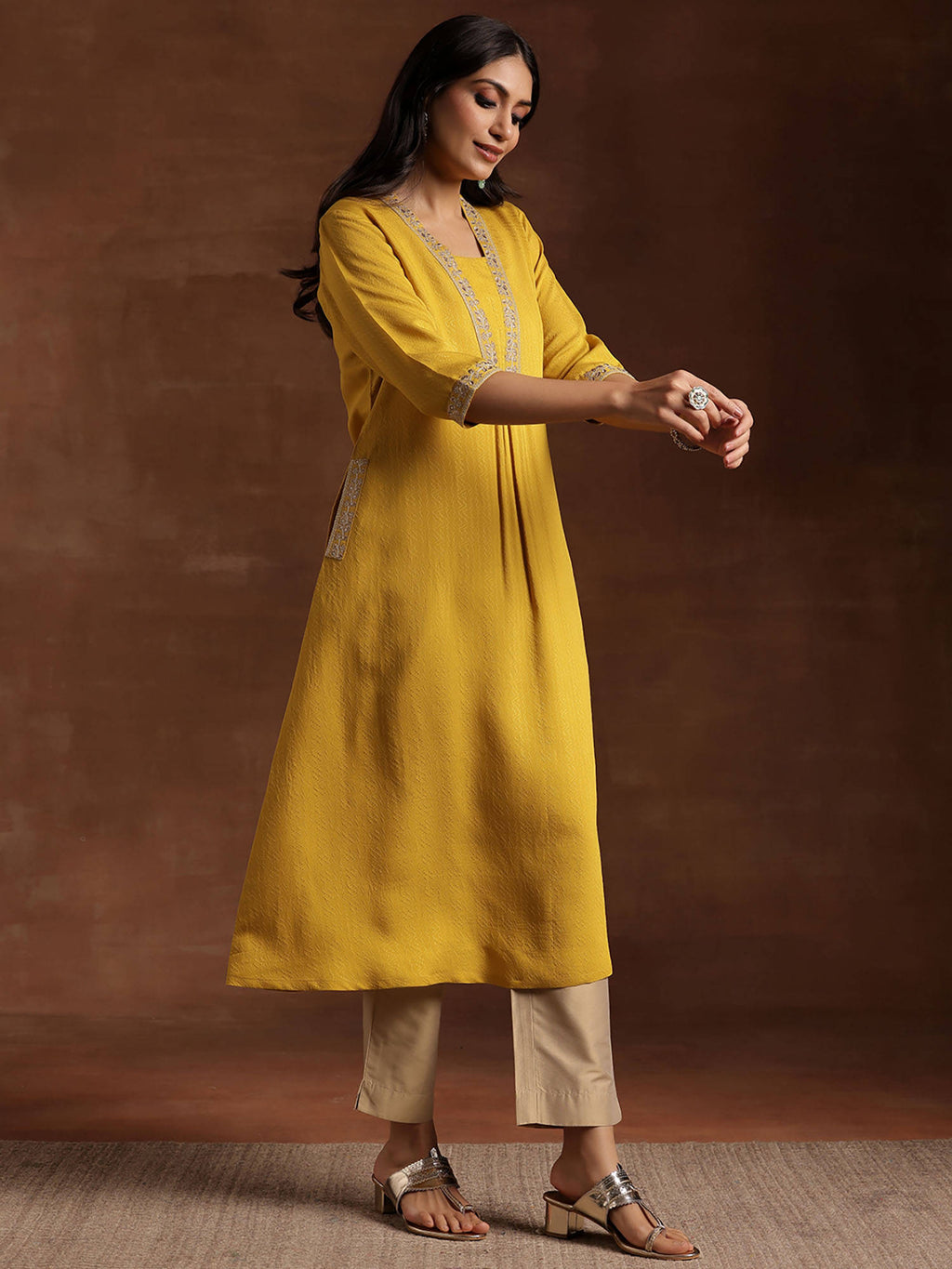 Yellow Floral Embroidered Yoke A-Line Kurta | FY93 - view 3