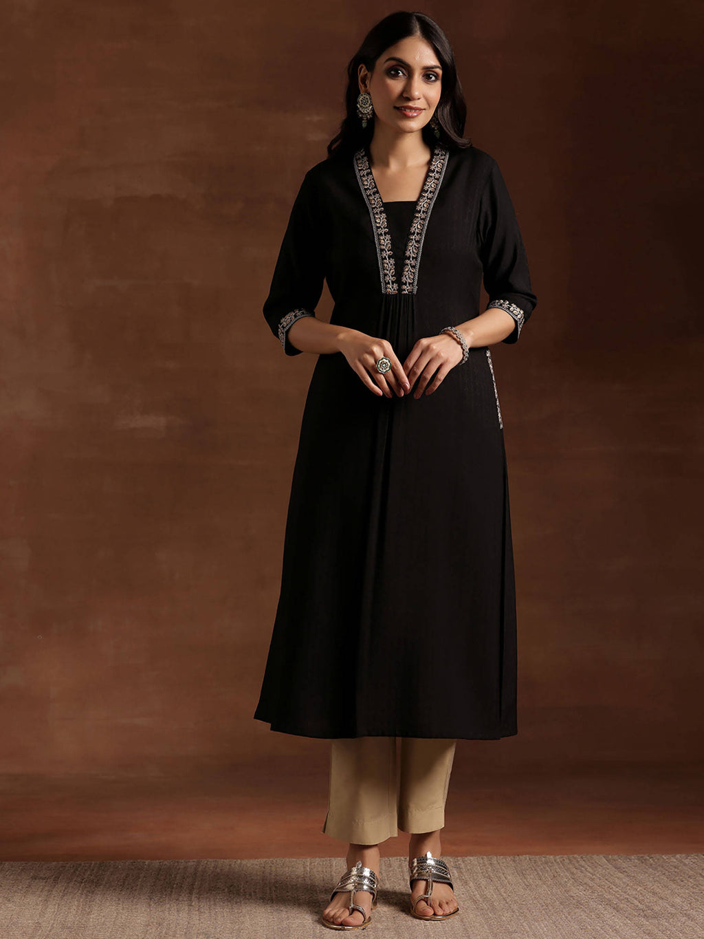 Black Floral Embroidered Yoke A-Line Kurta | KDG - view 1
