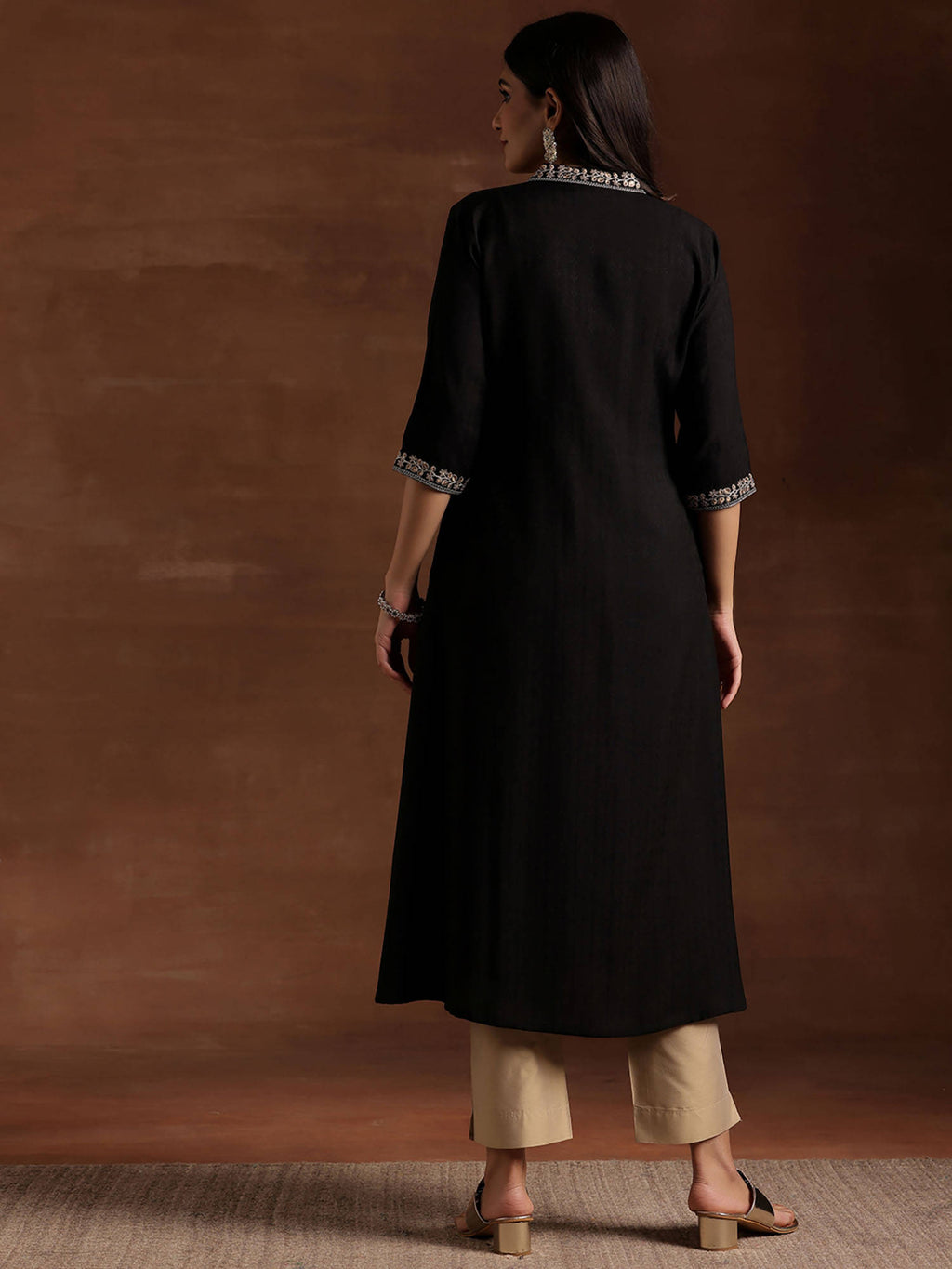 Black Floral Embroidered Yoke A-Line Kurta | KDG - view 2