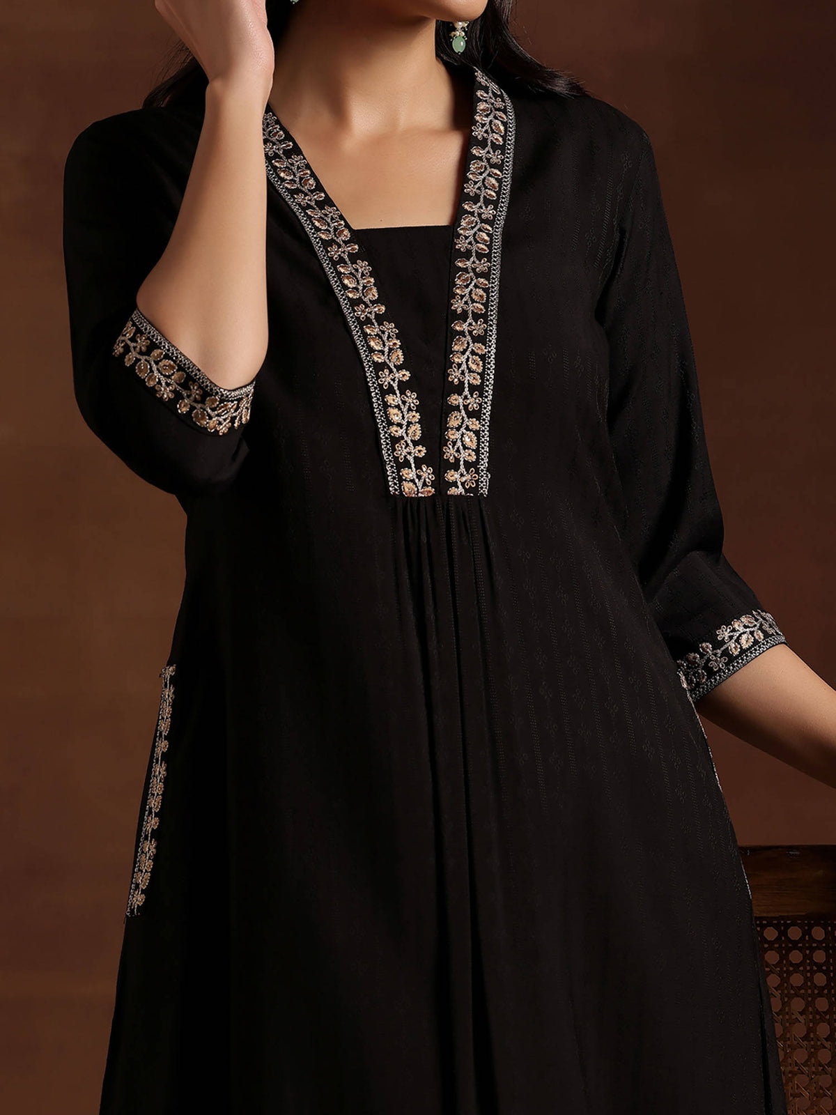 Black Floral Embroidered Yoke A-Line Kurta | FY93 - view 3