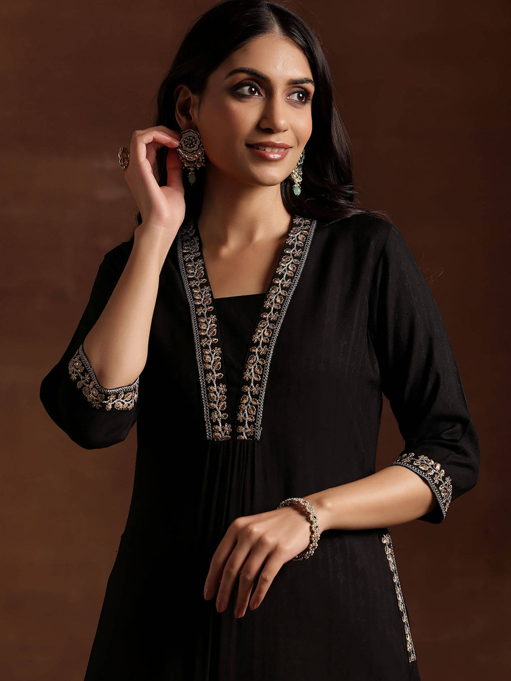 Black Floral Embroidered Yoke A-Line Kurta | KDG - view 4