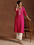 Pink Woven Straight Kurta with Floral Embroidery | KDG - view 1