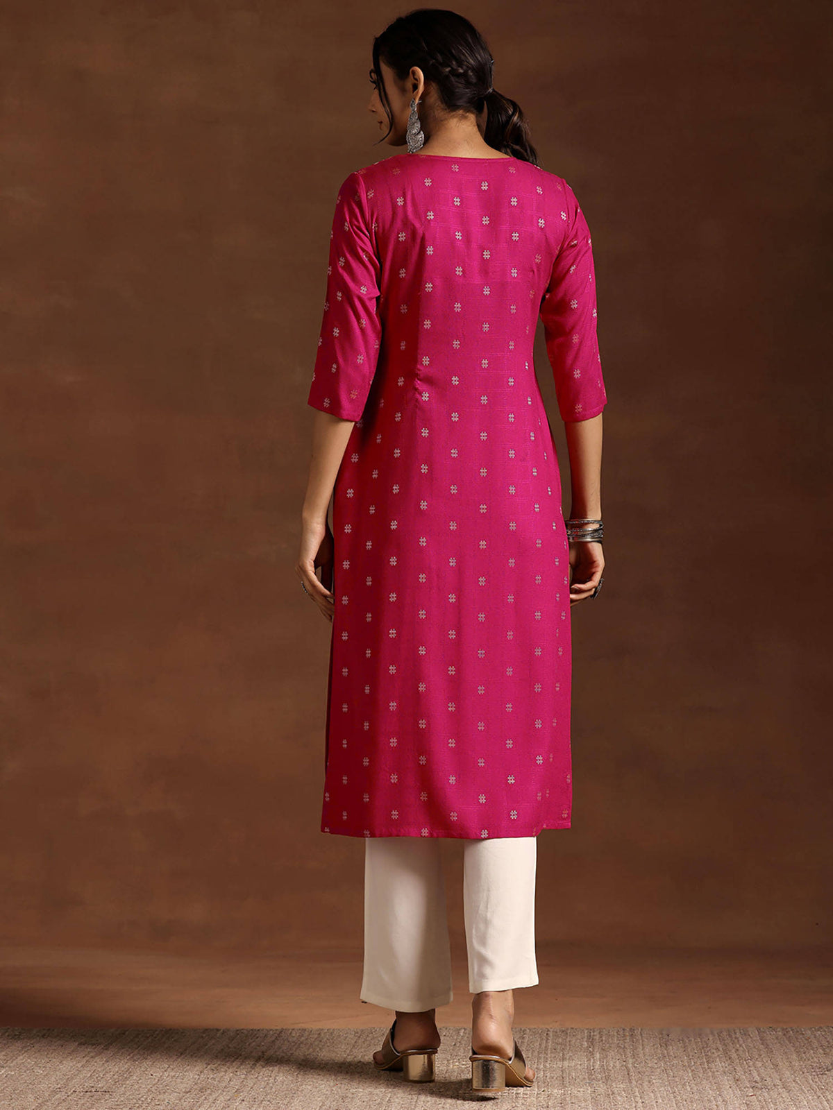 Pink Woven Straight Kurta with Floral Embroidery | FY93 - view 2