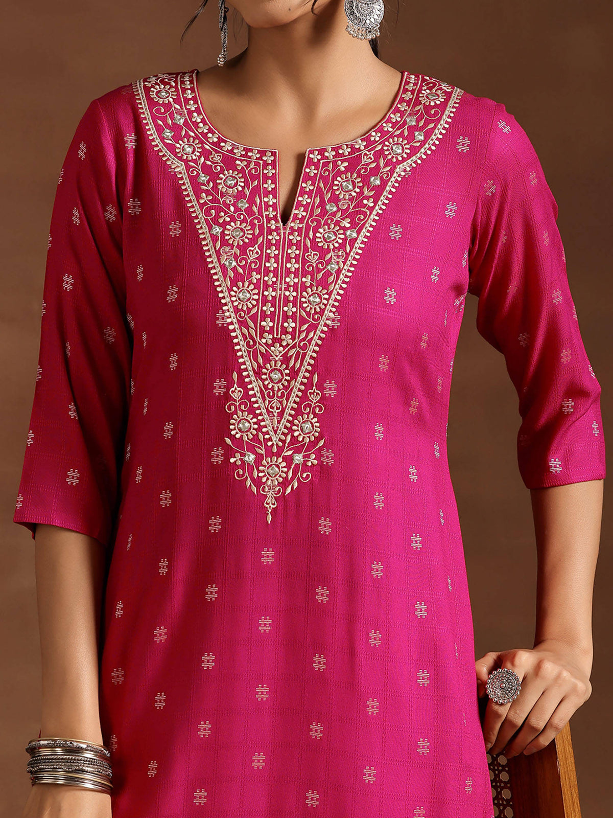 Pink Woven Straight Kurta with Floral Embroidery | KDG - view 3
