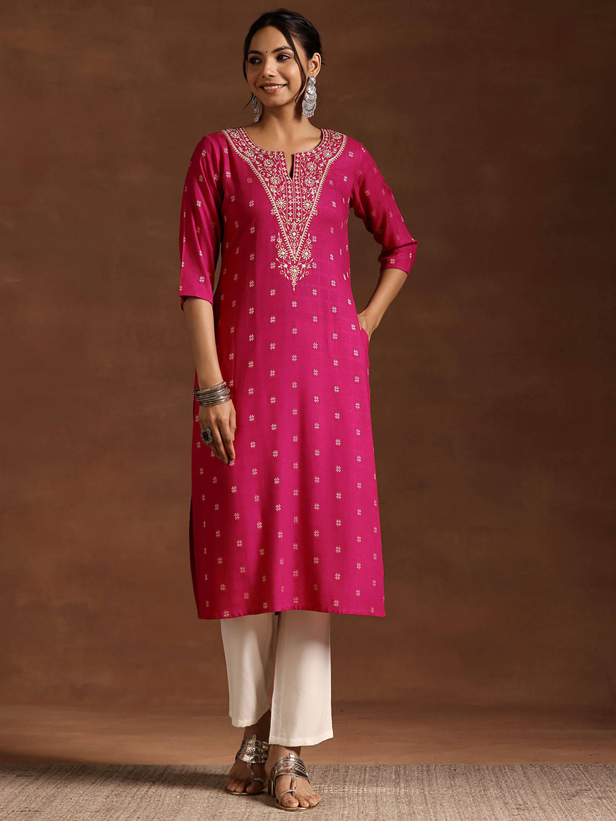 Pink Woven Straight Kurta with Floral Embroidery | KDG - view 4