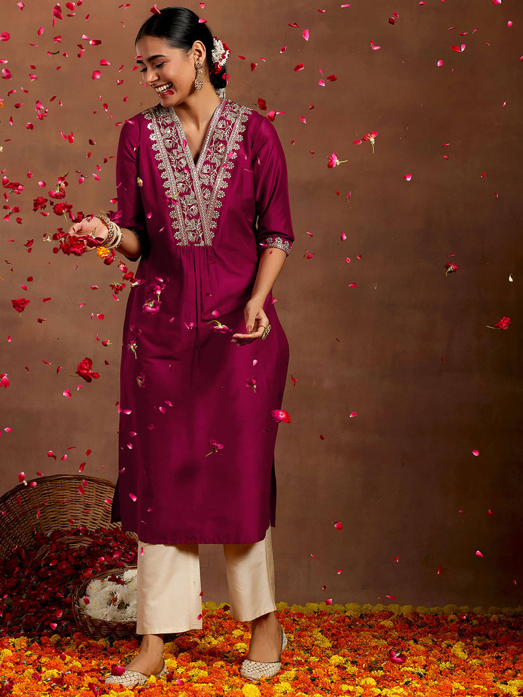 Maroon Yoke Design Straight Kurta | FY93 - view 1