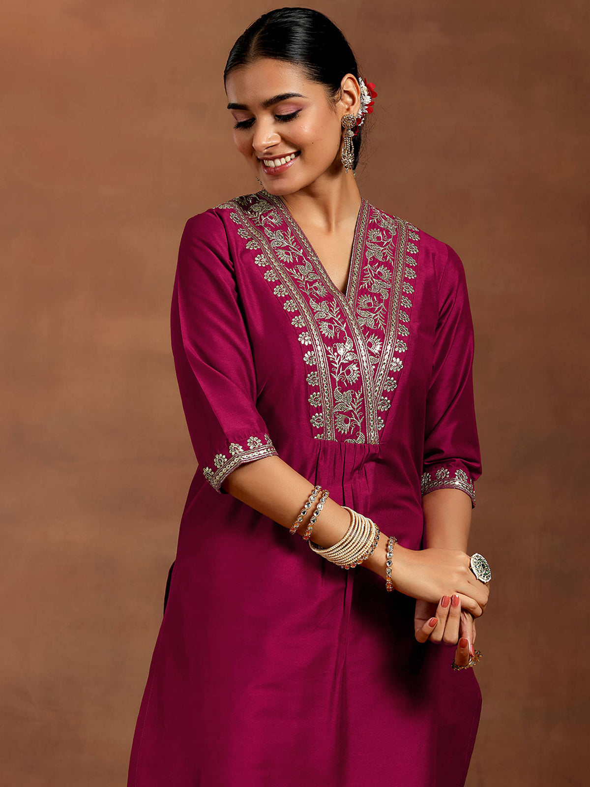 Maroon Yoke Design Straight Kurta | FY93 - view 3
