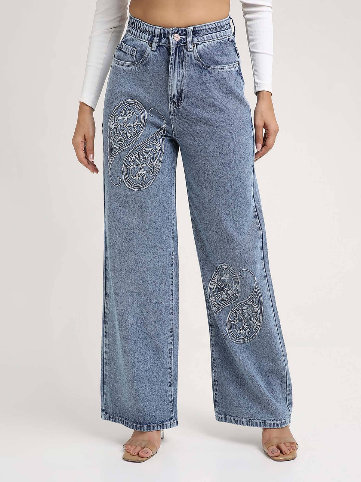 Women Black Embroidered Wide Leg Jeans | WL90 - view 8