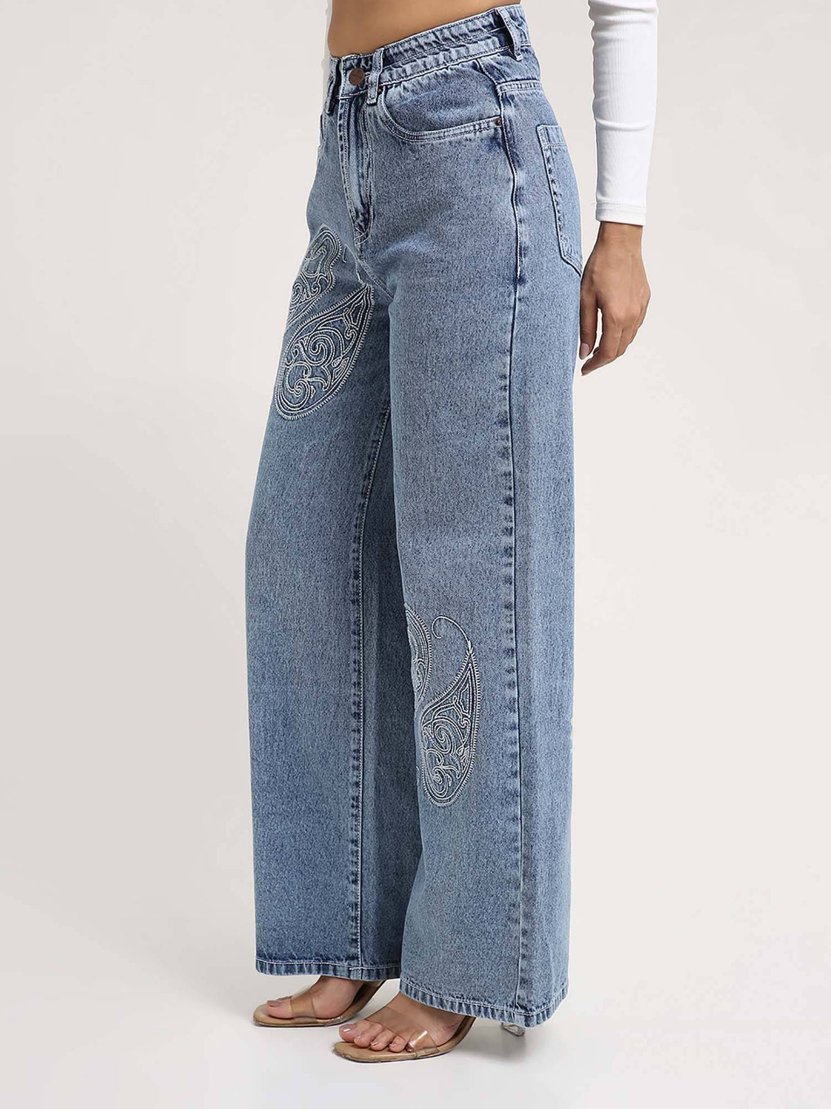 Women Light Blue Embroidered Wide Leg Jeans | WL90 - view 3