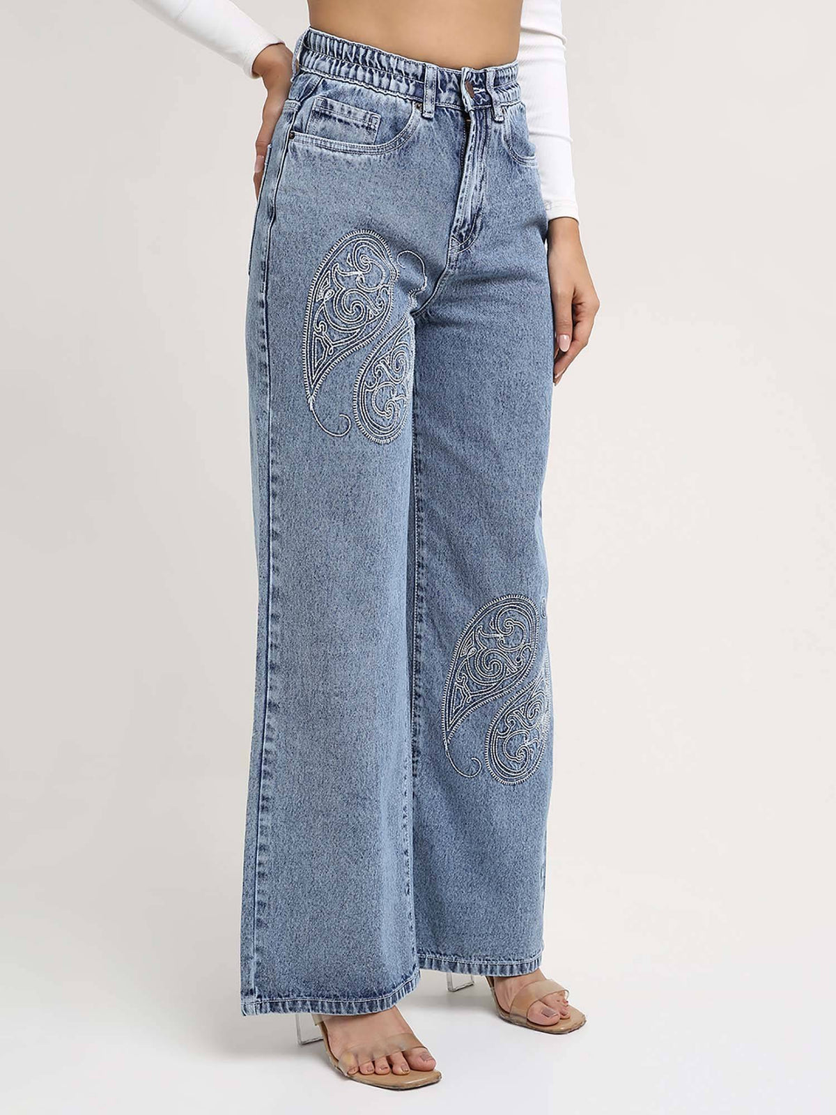 Women Light Blue Embroidered Wide Leg Jeans | WL90 - view 4