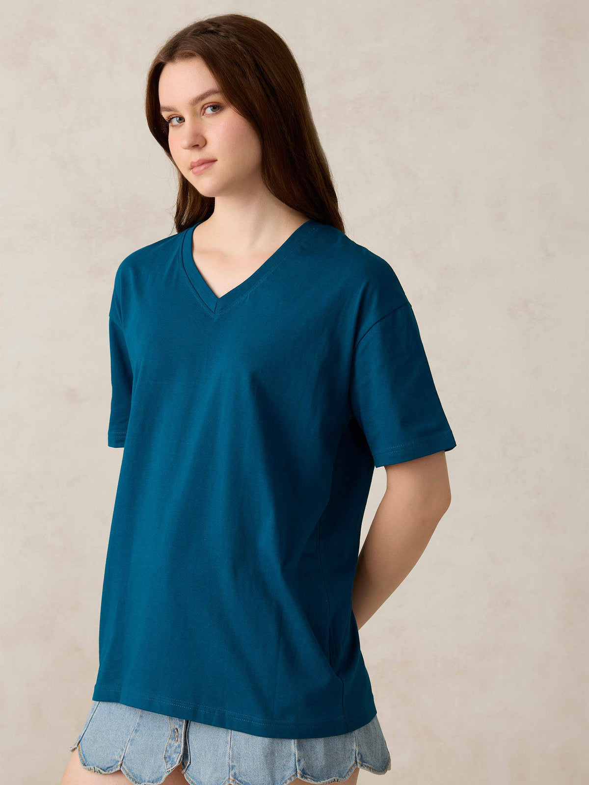 Teal V Neck Solid Oversized T-Shirt | TS56 - view 3