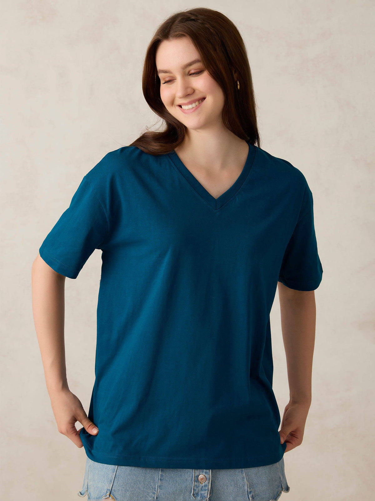 Teal V Neck Solid Oversized T-Shirt | TS56 - view 5