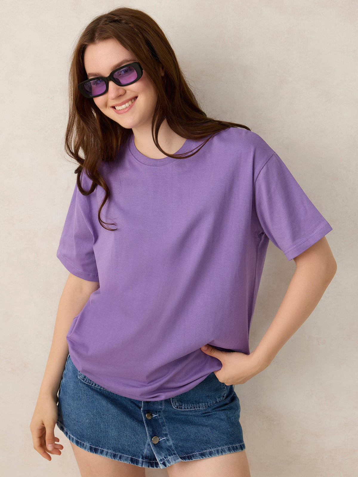Purple Cotton Crew Neck Solid Oversized Street Wear T-Shirt | TS56 - view 1