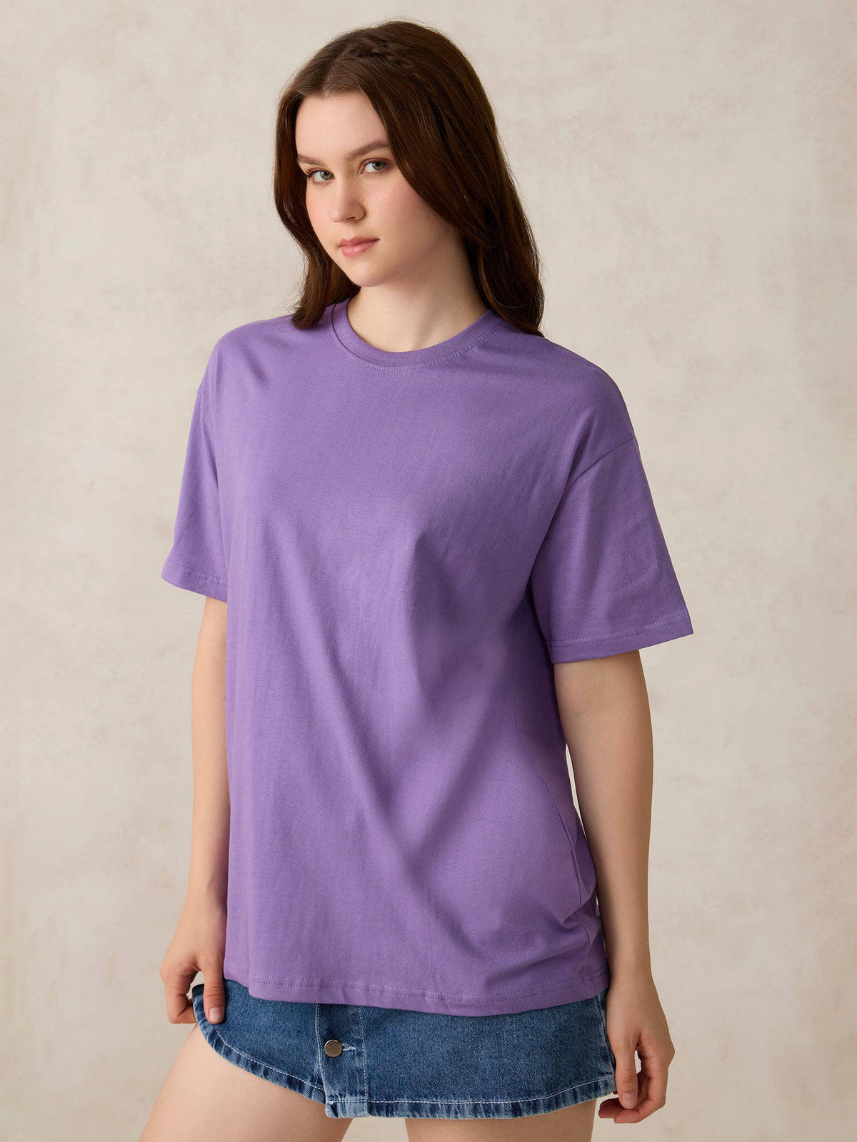 Purple Cotton Crew Neck Solid Oversized Street Wear T-Shirt | TS56 - view 3