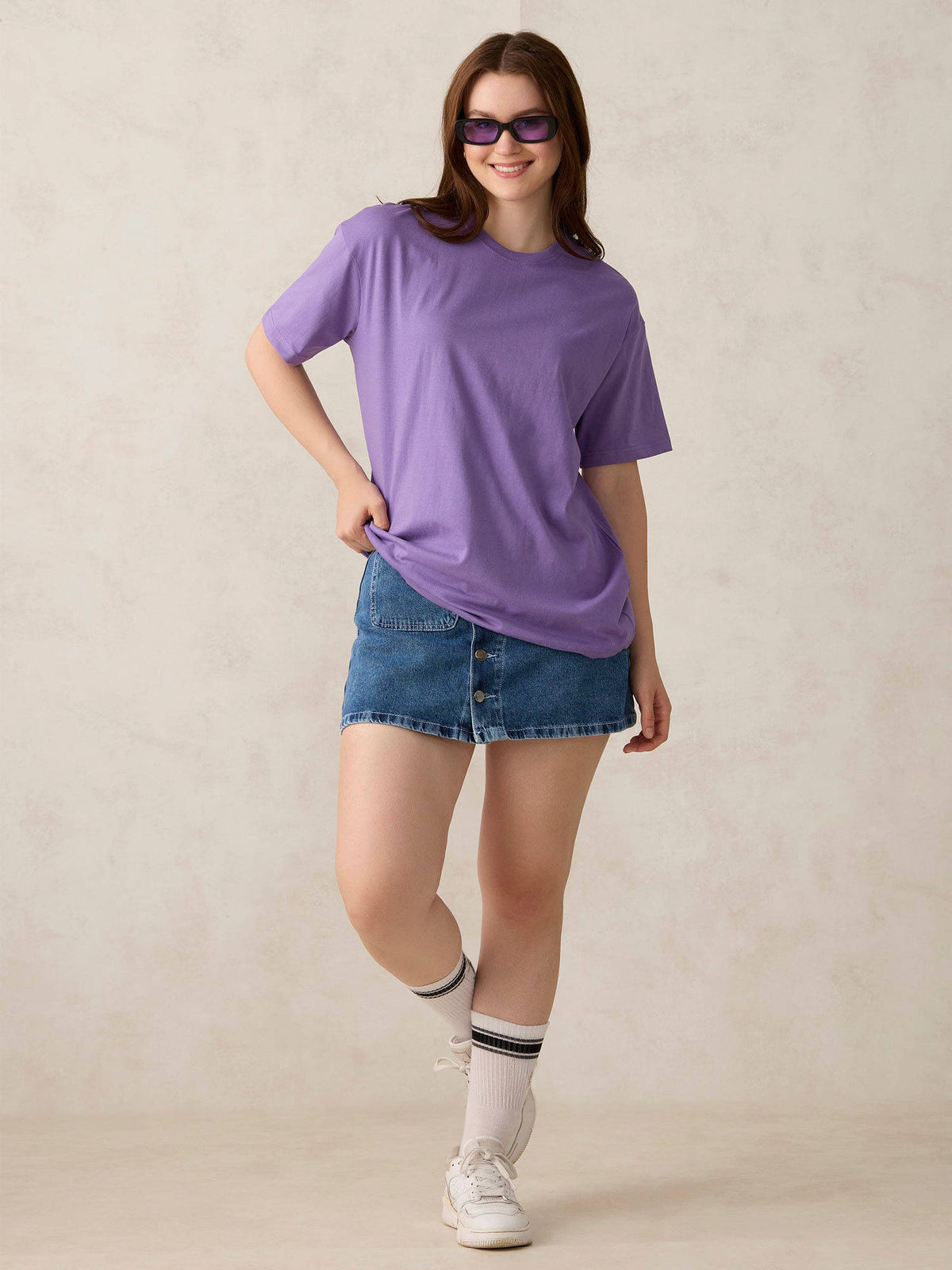 Purple Cotton Crew Neck Solid Oversized Street Wear T-Shirt | TS56 - view 5