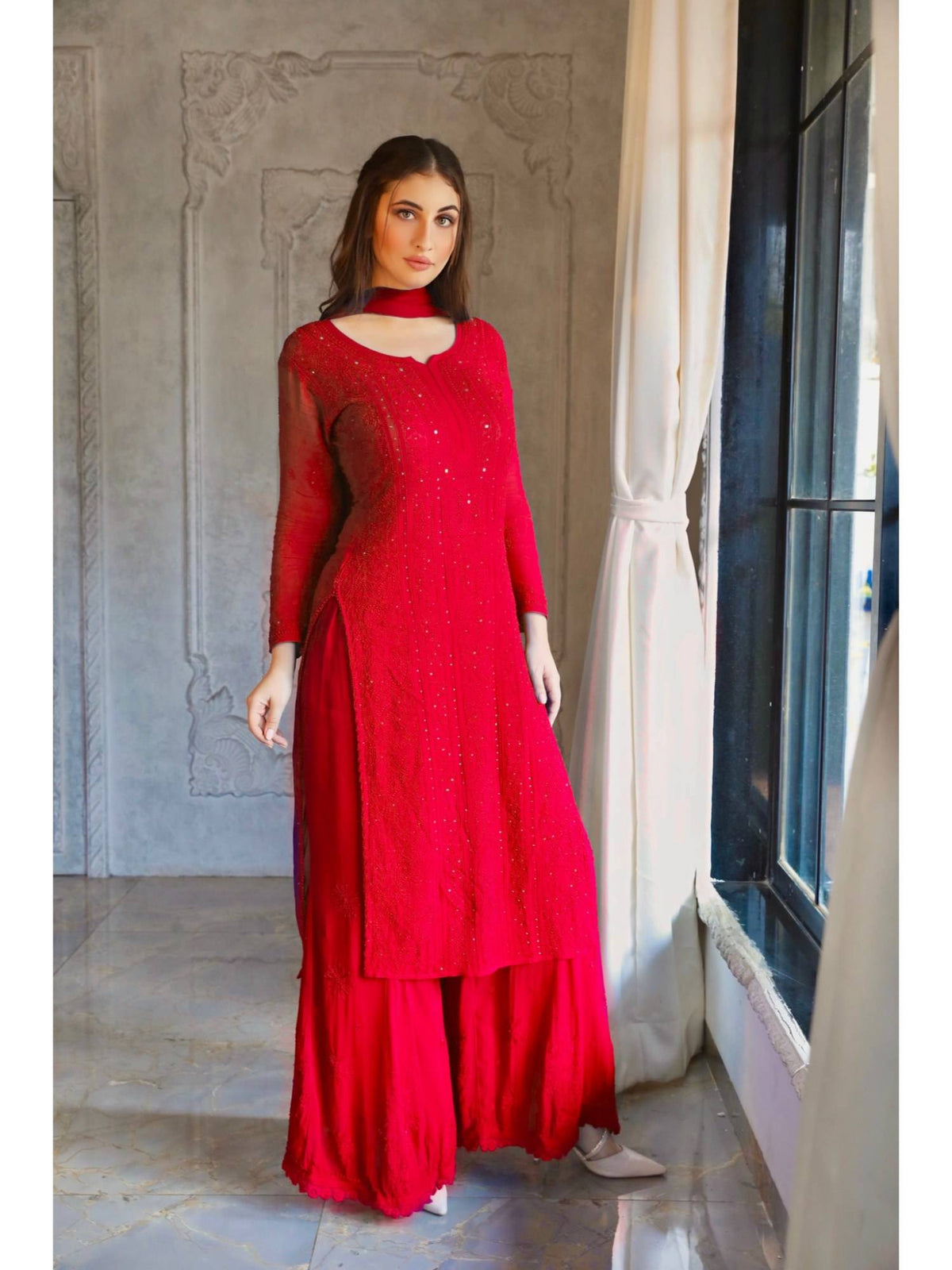Forbidden Red Full Sleeves Chikankari Kurta | KDG - view 1