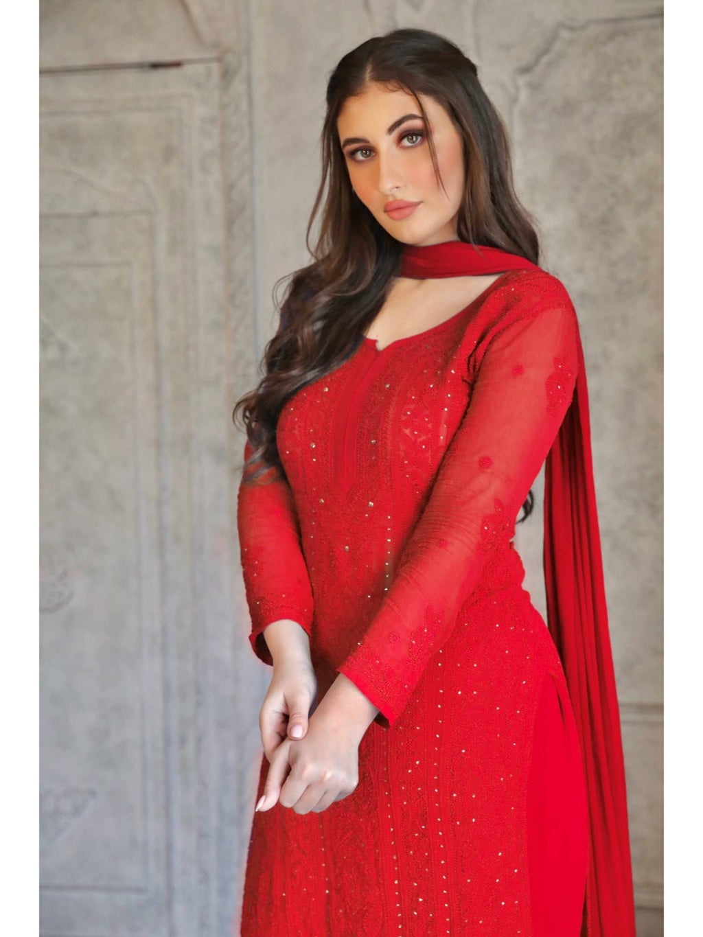 Forbidden Red Full Sleeves Chikankari Kurta | FY93 - view 2