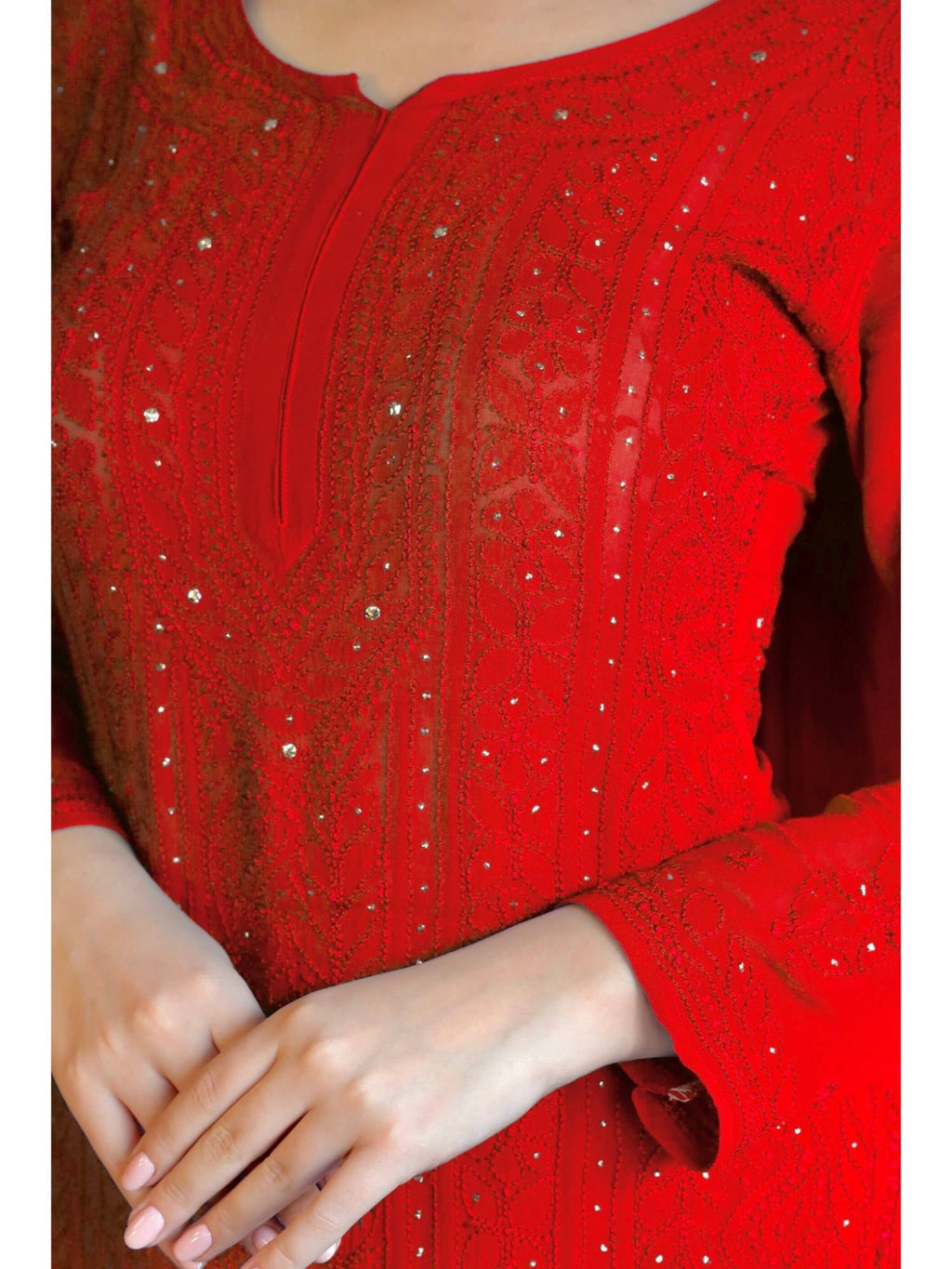 Forbidden Red Full Sleeves Chikankari Kurta | FY93 - view 3