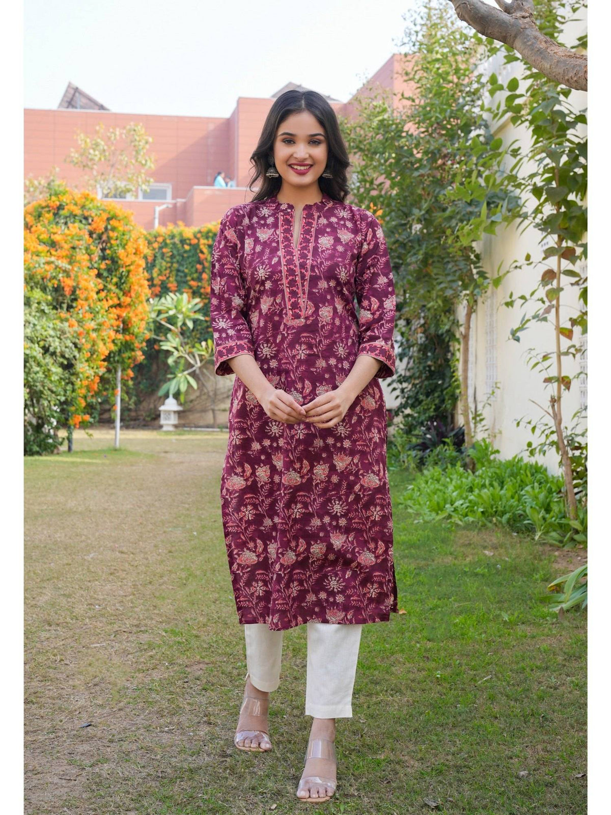 Women Floral Printed Straight Cotton Purple Kurta | KDG - view 6