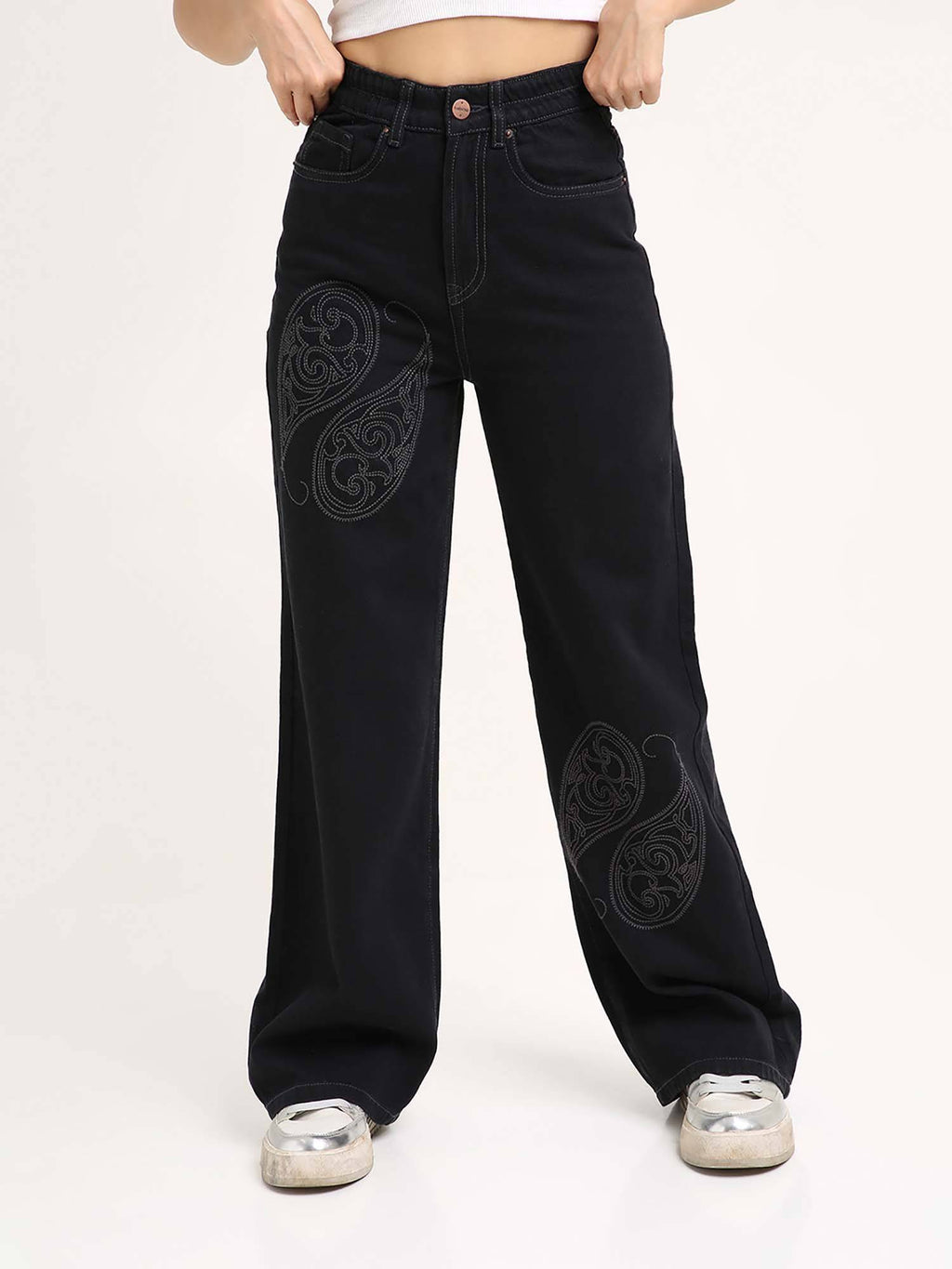 Women Black Embroidered Wide Leg Jeans | RF89 - view 1