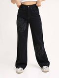 Women Black Embroidered Wide Leg Jeans | RF89 - view 1