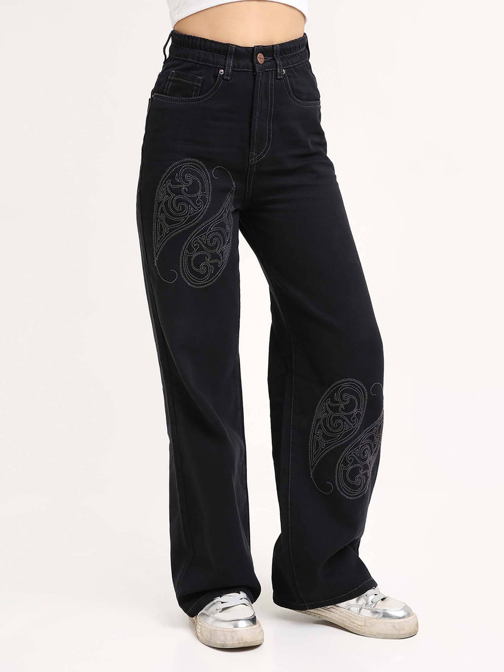 Women Black Embroidered Wide Leg Jeans | RF89 - view 2