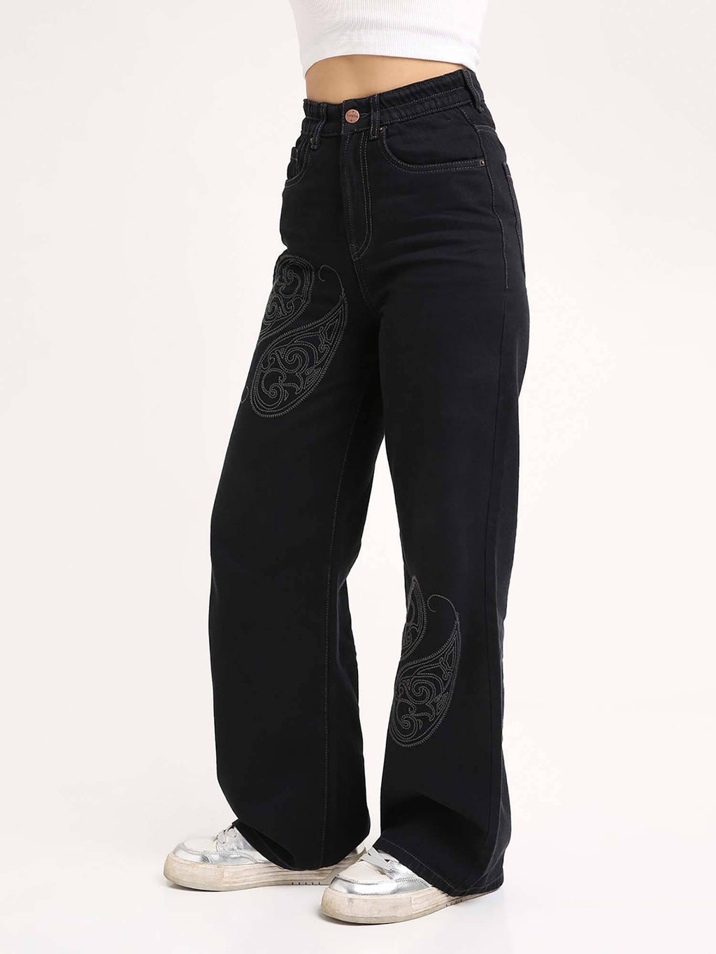 Women Black Embroidered Wide Leg Jeans | RF89 - view 3
