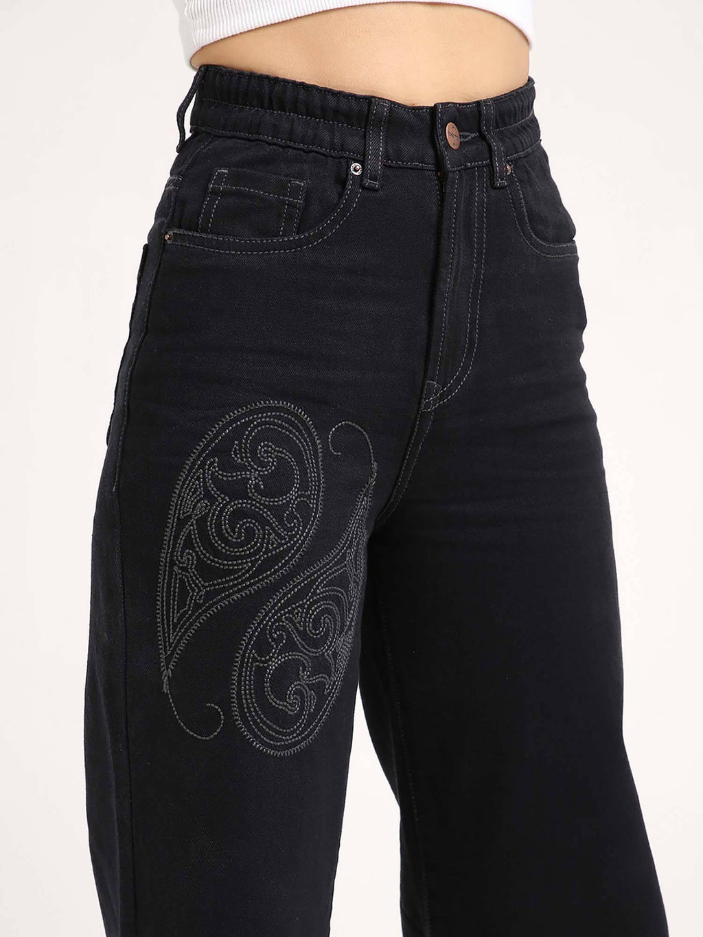 Women Black Embroidered Wide Leg Jeans | RF89 - view 4