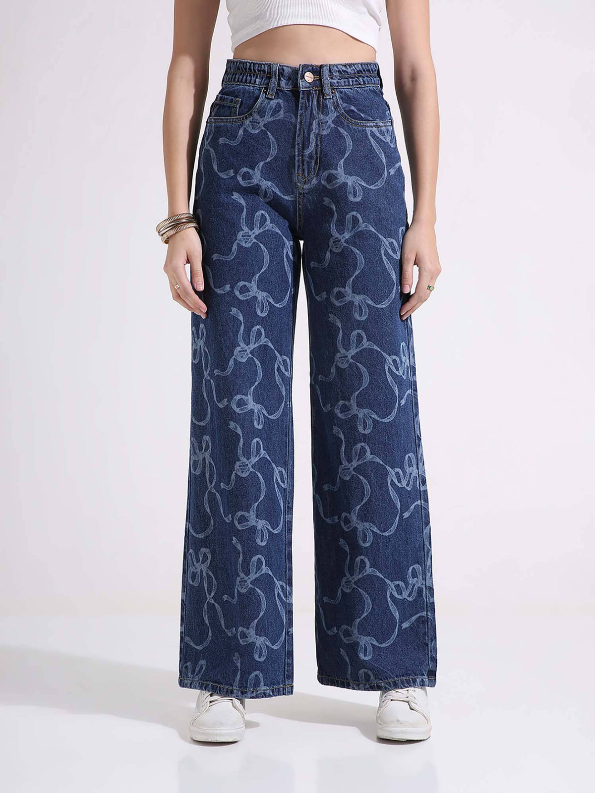 Women Dark Blue Printed High Waist Wide Leg Jeans | WL90 - view 1