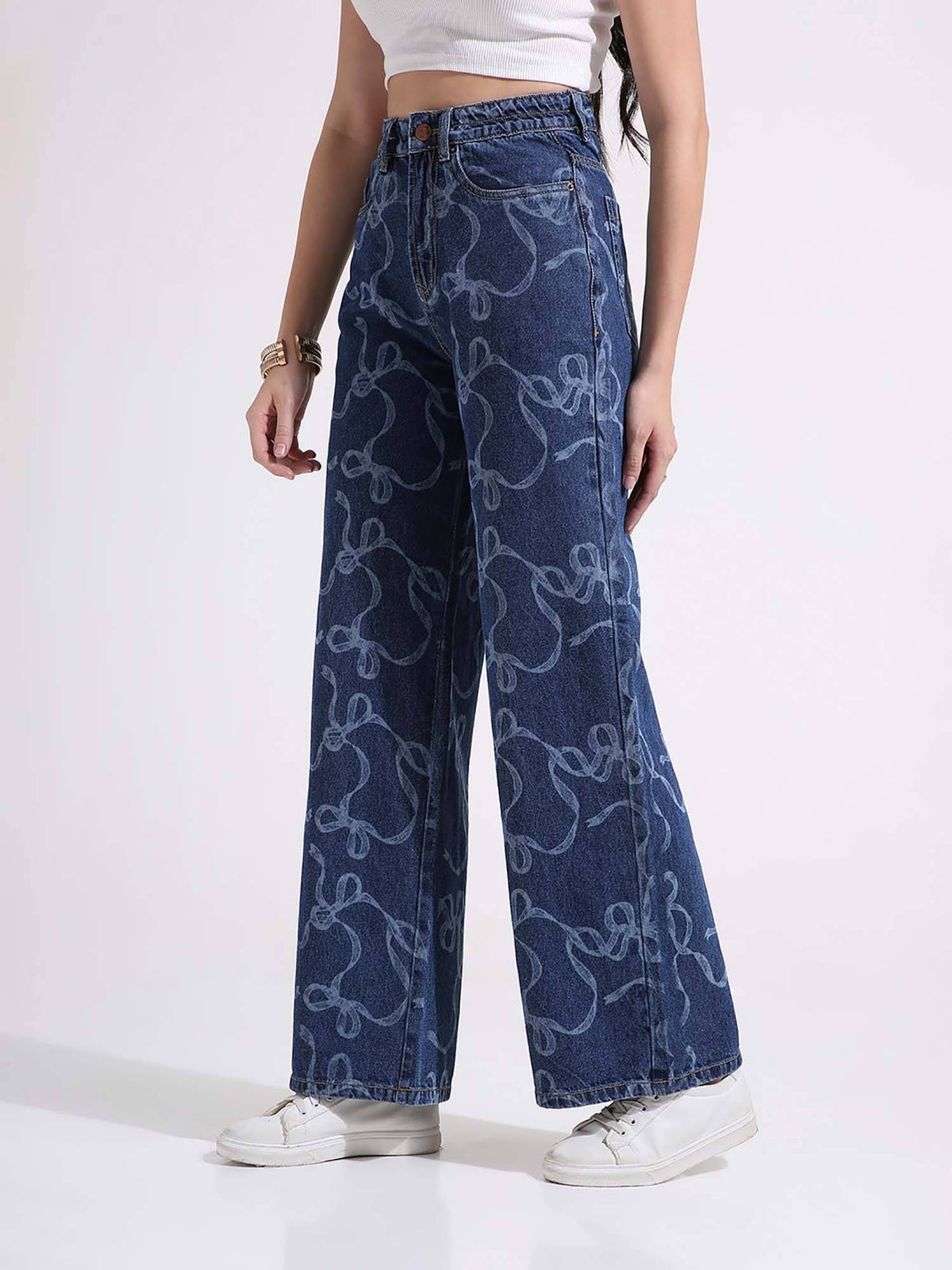 Women Dark Blue Printed High Waist Wide Leg Jeans | WL90 - view 2