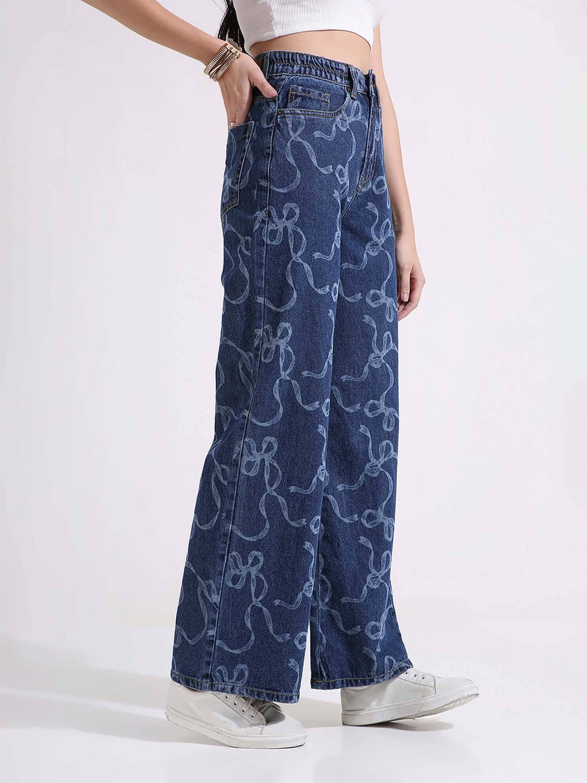 Women Dark Blue Printed High Waist Wide Leg Jeans | WL90 - view 3