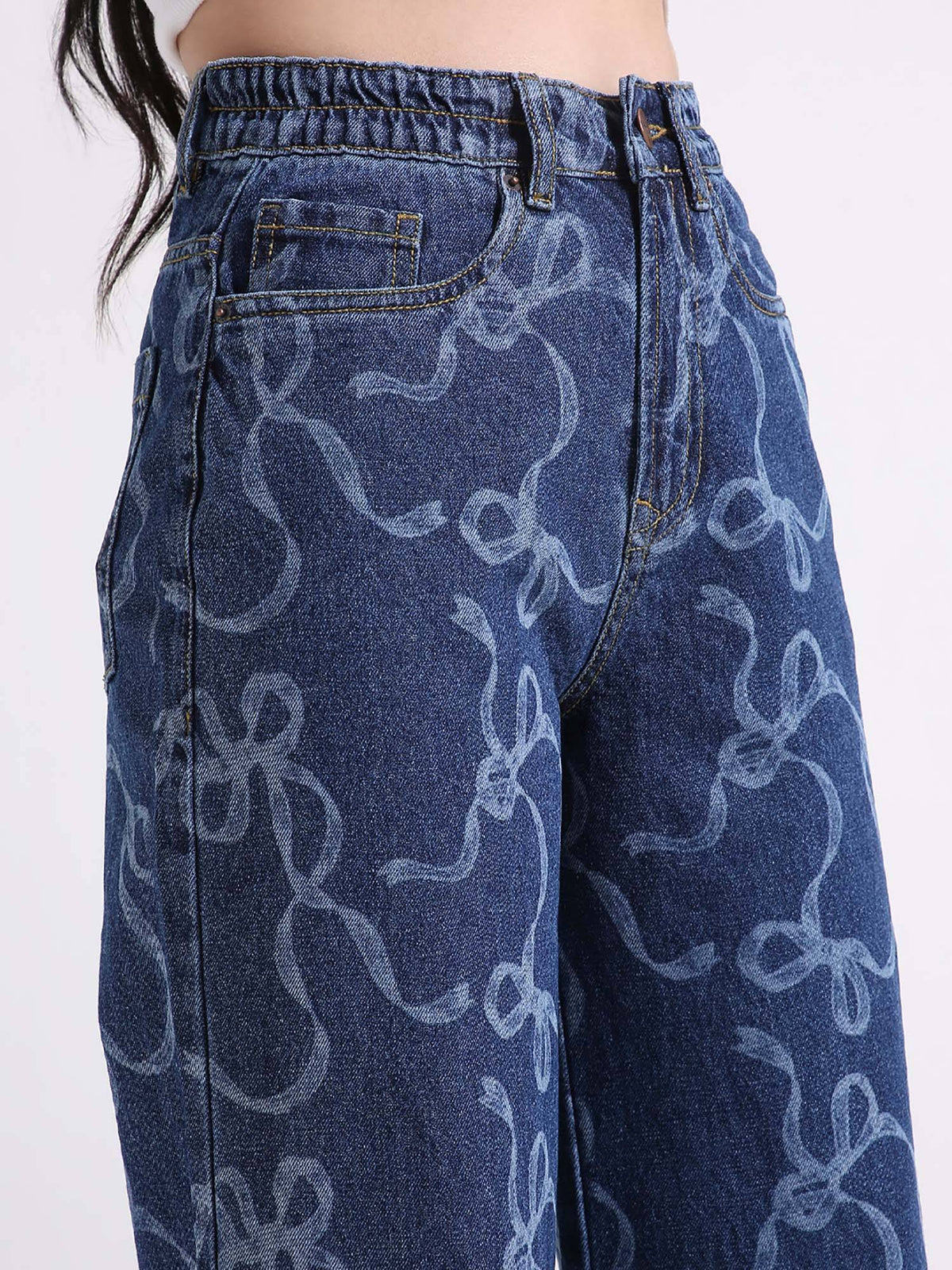 Women Dark Blue Printed High Waist Wide Leg Jeans | WL90 - view 4